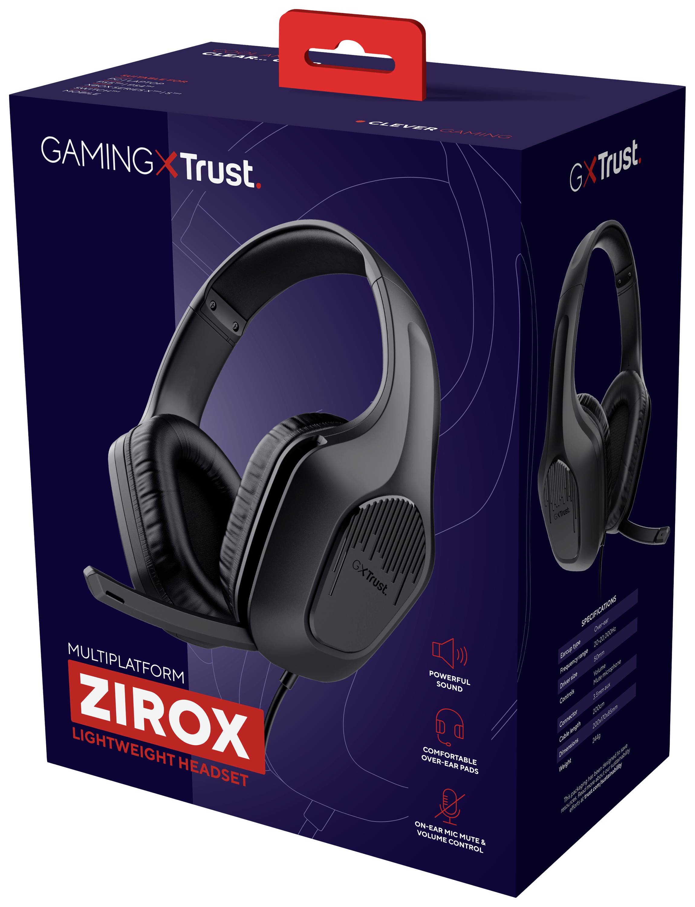 Verpackung eines Gaming-Headsets von Trust, Modell 'Zirox'. Merkmale: leicht, für mehrere Plattformen geeignet, schwarz.