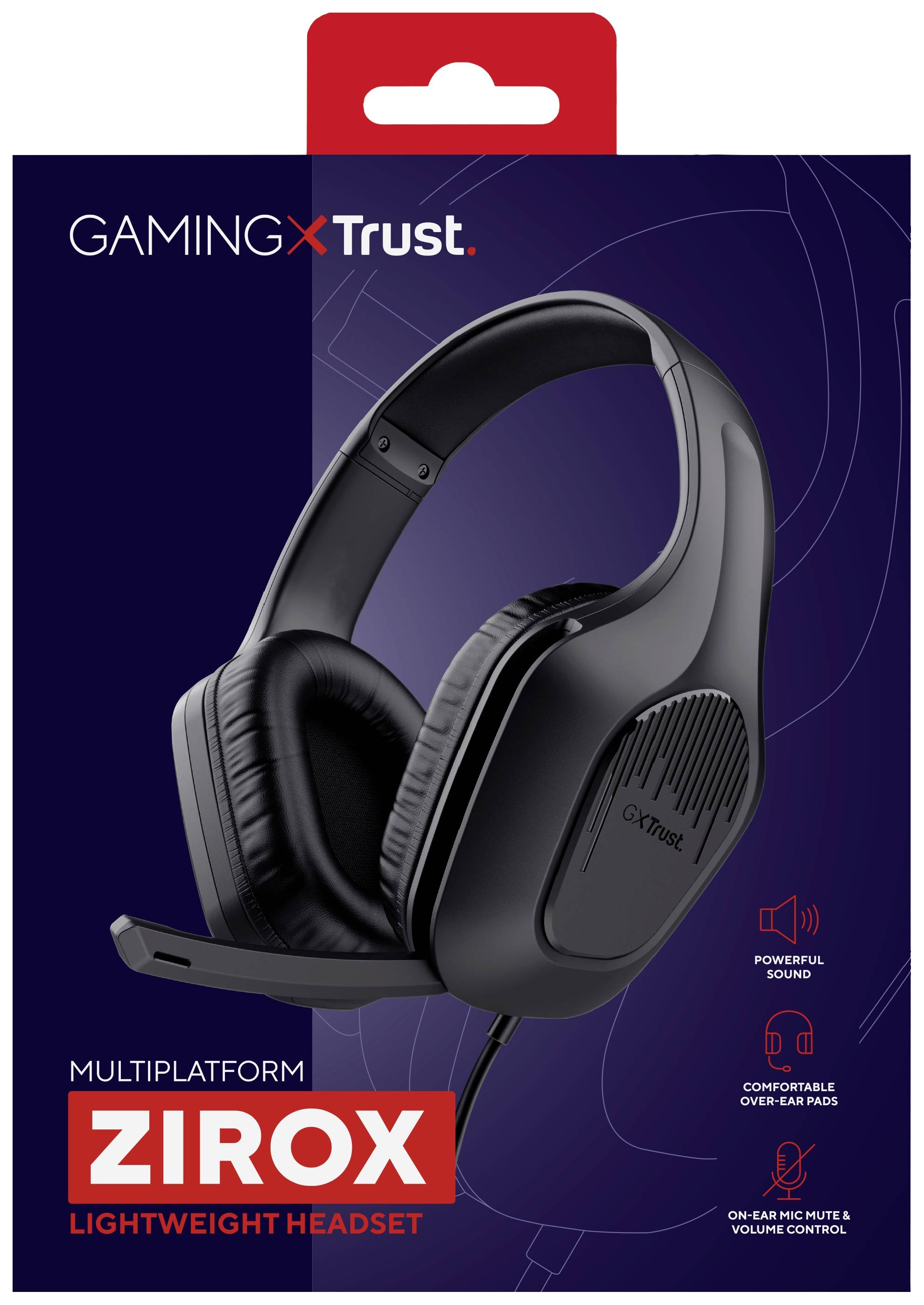 Schwarzes Gaming-Headset in Verpackung. Markenname 'Trust'. Leichtes Design, geeignet für mehrere Plattformen.