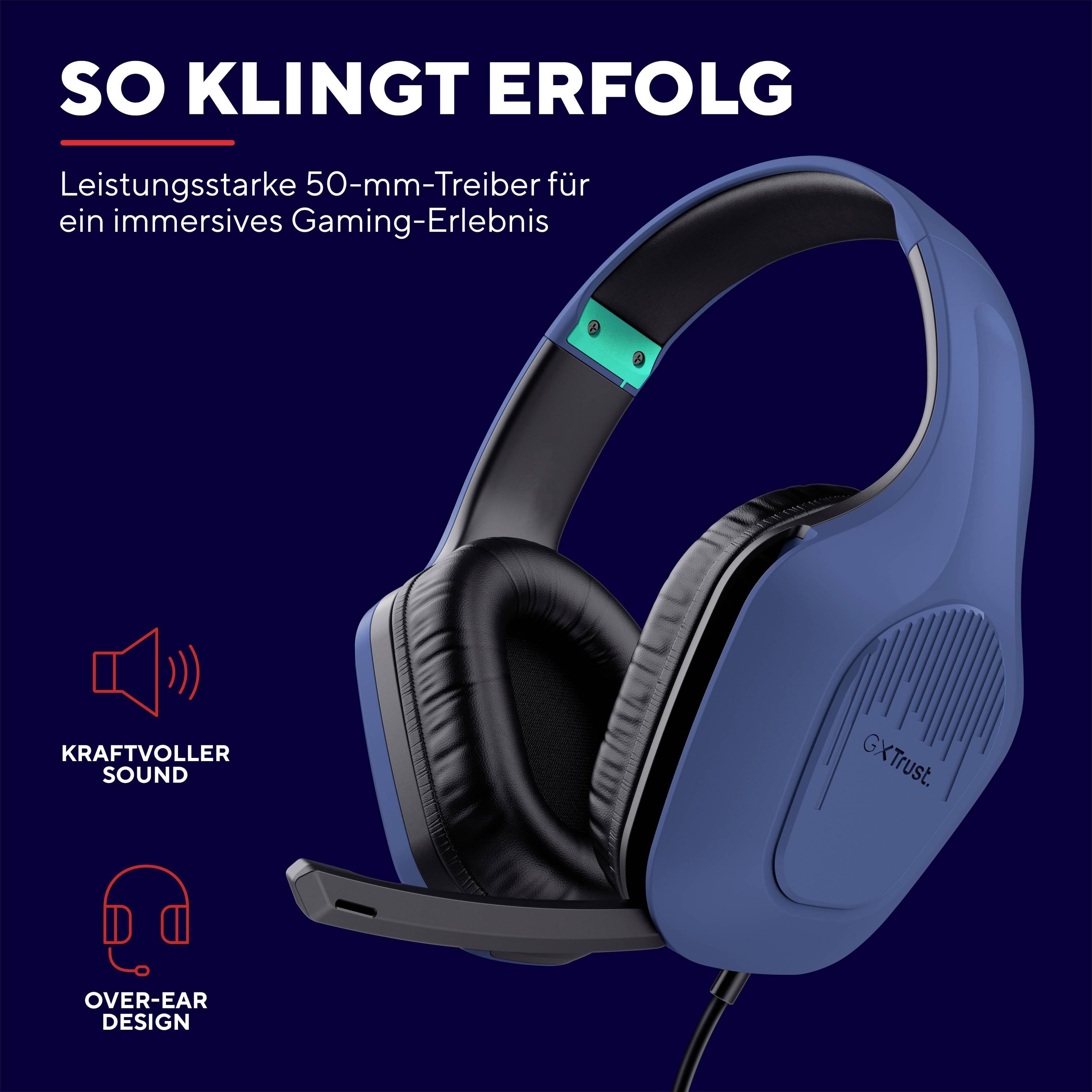 Ein blaues Gaming-Headset mit Mikrofon und starkem Sound. Text: 'So klingt Erfolg' vermittelt ein immersives Spielerlebnis.