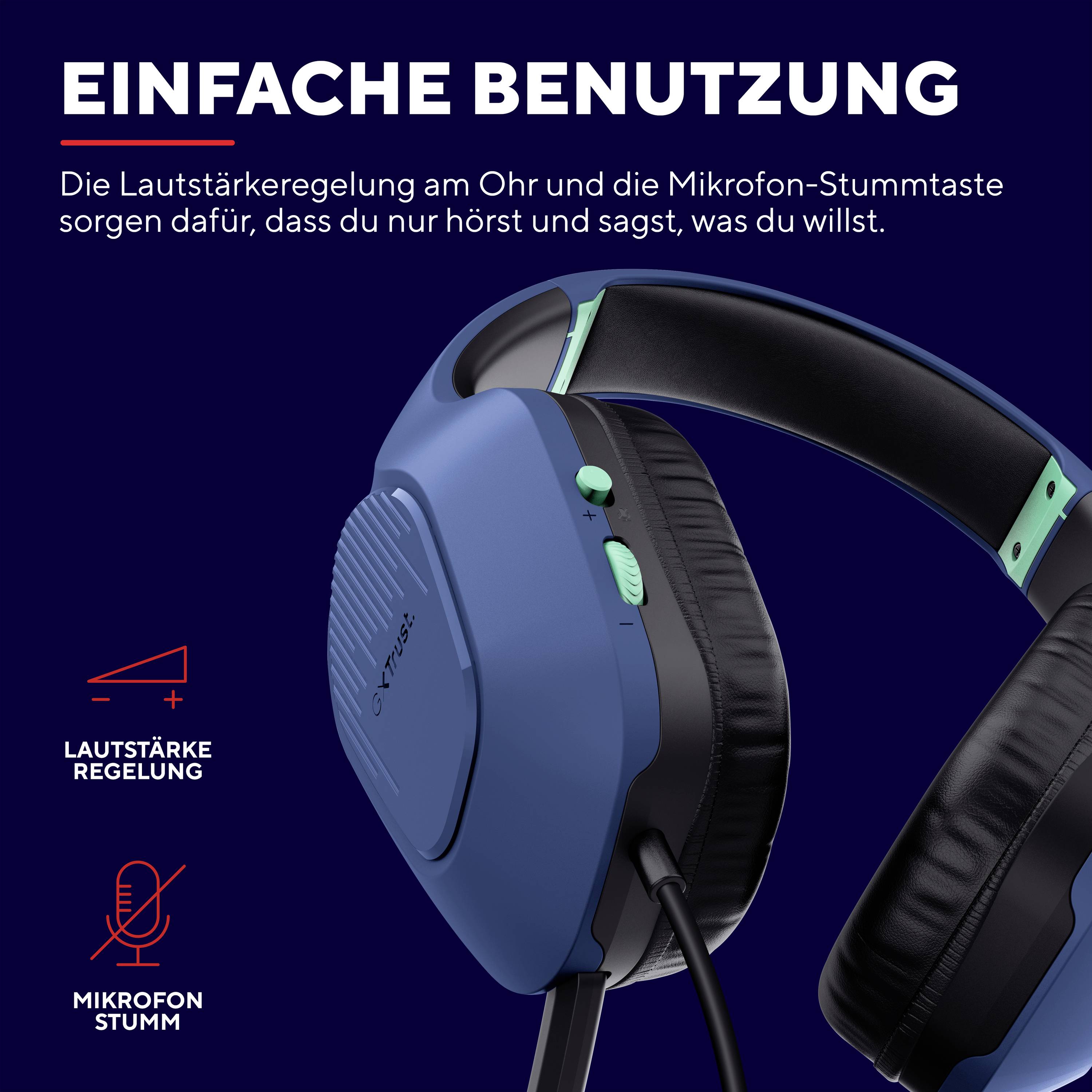 Kabelloses Headset mit Lautstärkeregelung am Ohr und Mikrofon-Stummschaltung, beschrieben als leicht zu bedienen.