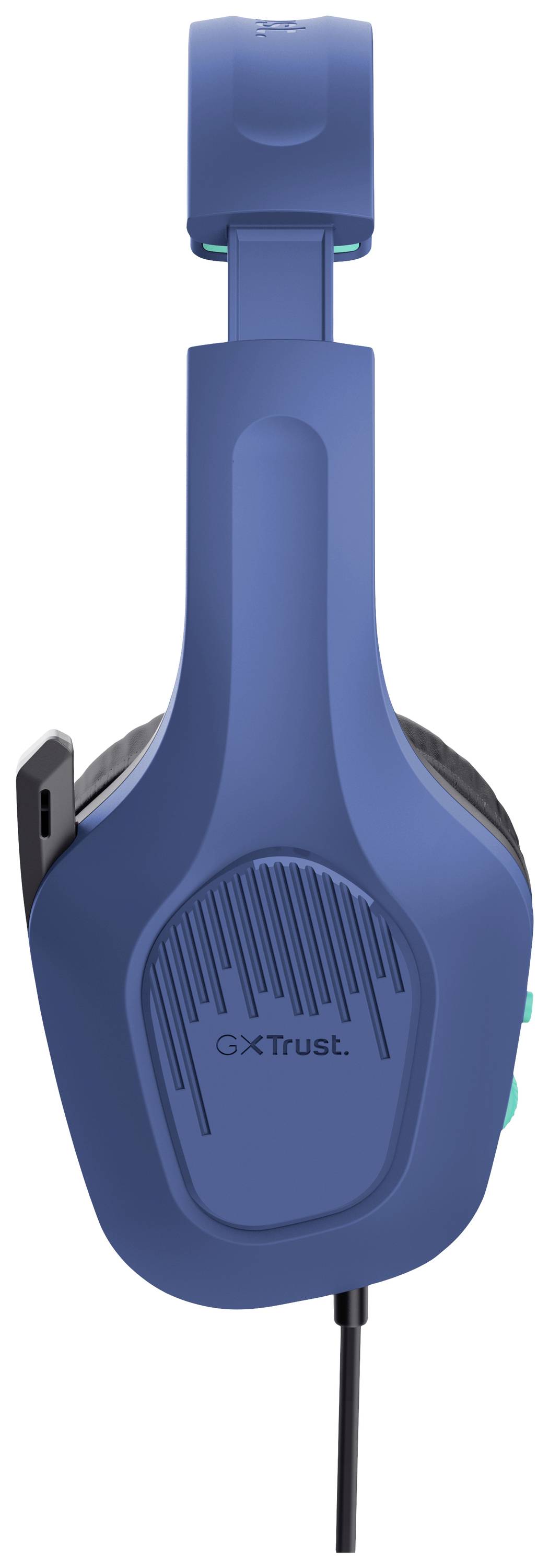 Blauer GXT-Trust-Kopfhörer mit Kabel, Seitenansicht. Rechte Ohrmuschel mit Firmenlogo sichtbar.