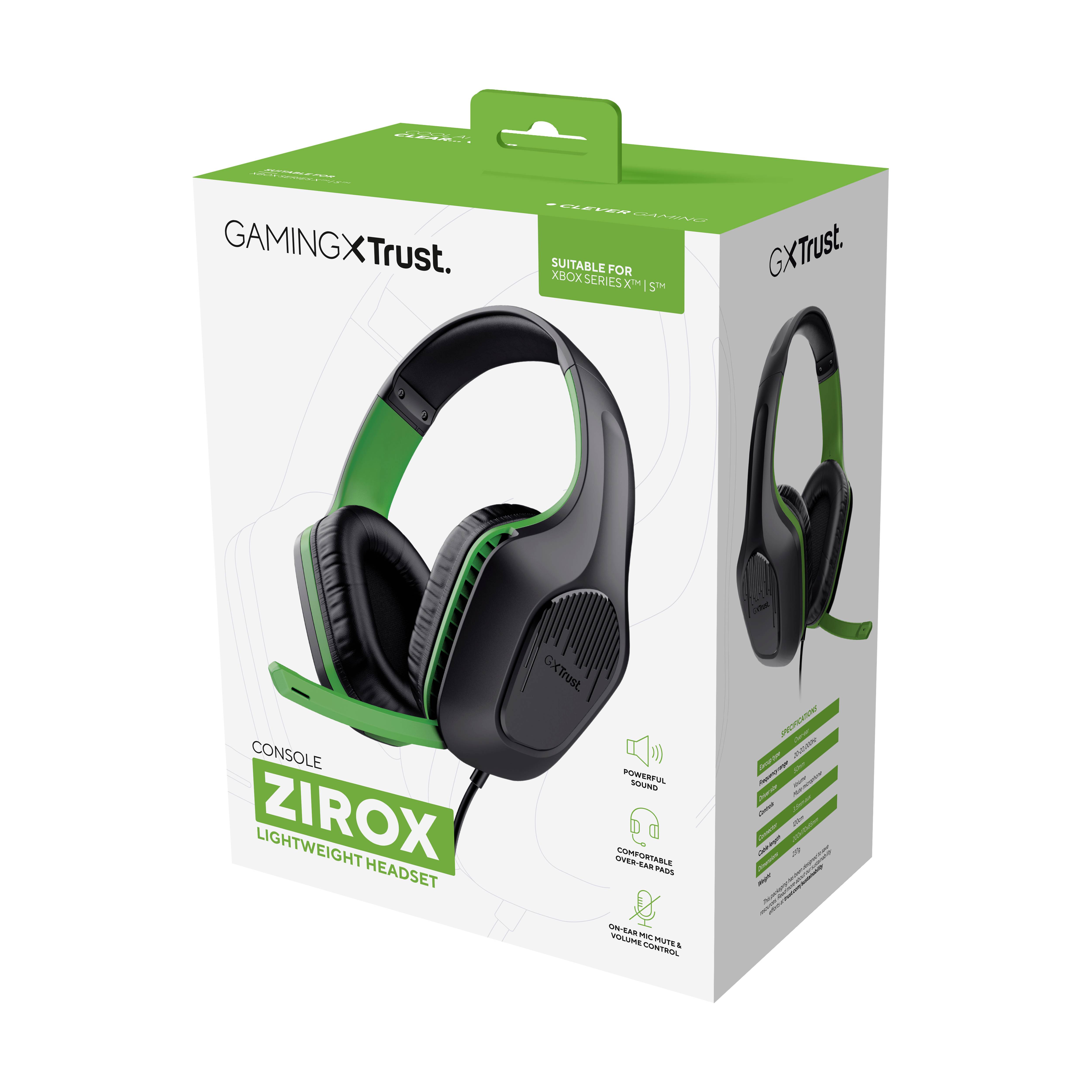 Eine Produktverpackung mit einem schwarzen und grünen Gaming-Headset 'Zirox' von Trust. Geeignet für Xbox Series X/S.