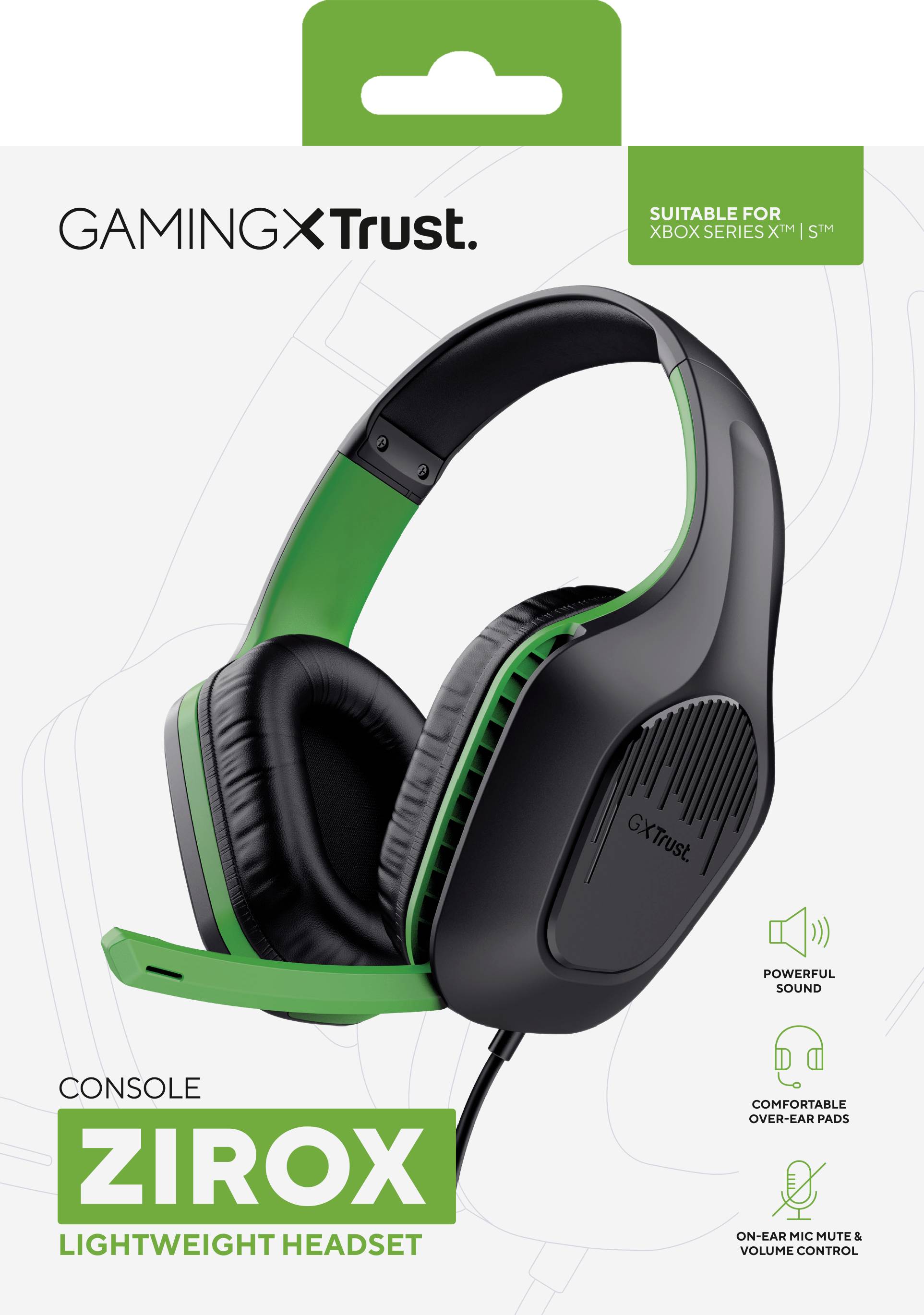 'Gaming Headset Zirox' von Trust. Schwarzes und grünes Design, geeignet für Xbox Series X|S. Leicht, mit Over-Ear-Pads und Lautstärkeregelung.