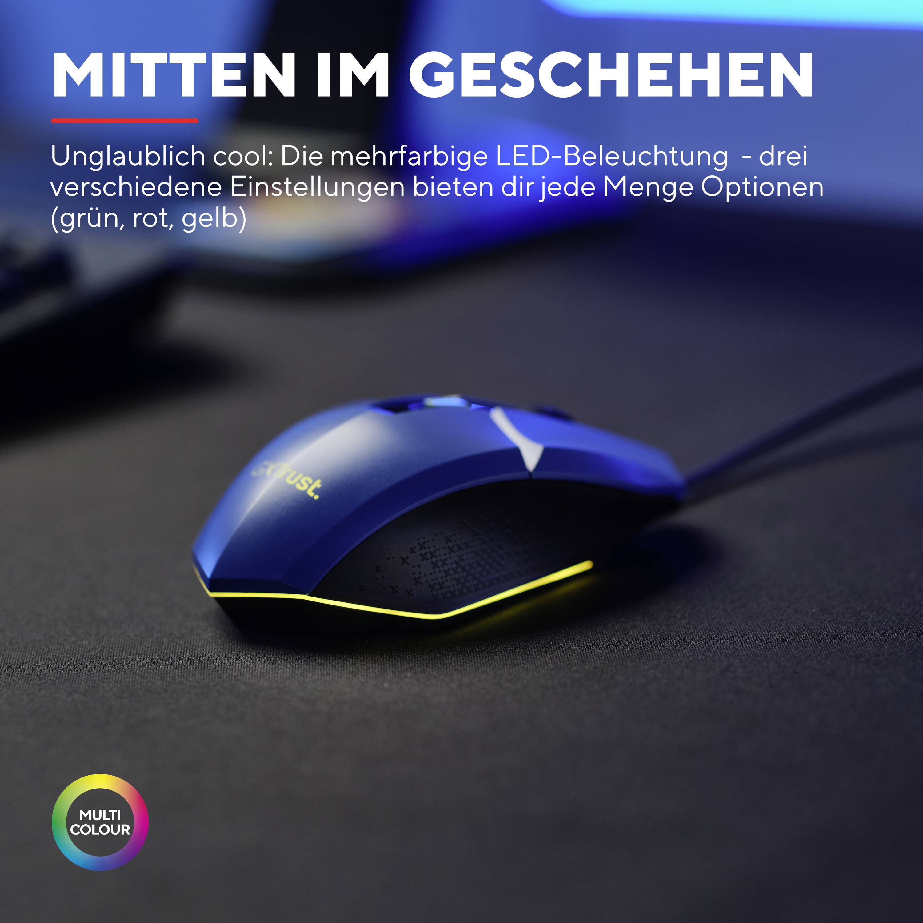 Ein blauer Gaming-Maus mit mehrfarbiger LED-Beleuchtung in grün, rot und gelb. Text oben erwähnt LED-Beleuchtungseinstellungen.