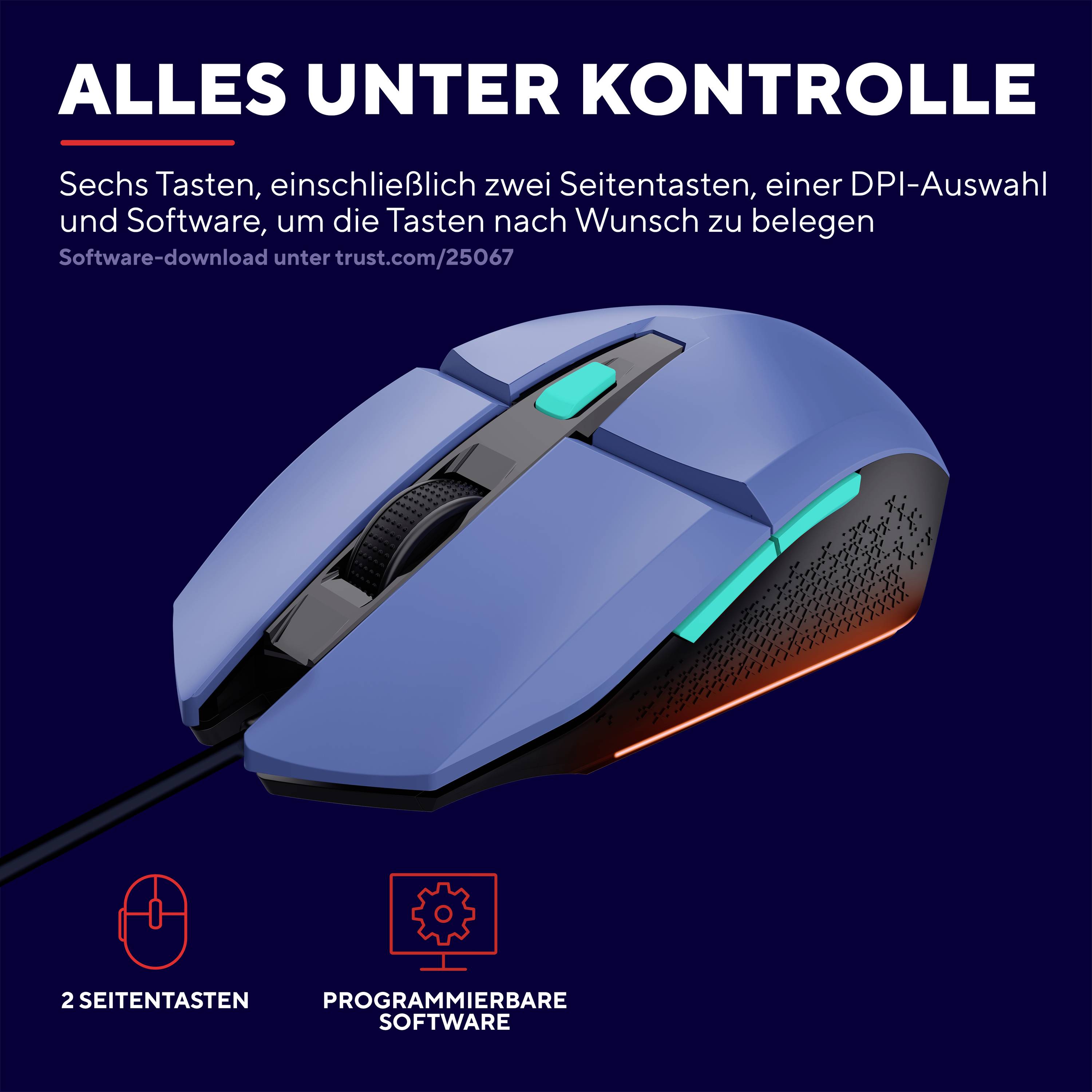 Bild einer blauen Computermaus mit programmierbaren Tasten und DPI-Auswahl. Text: 'Alles unter Kontrolle' mit Link für Software-Download.