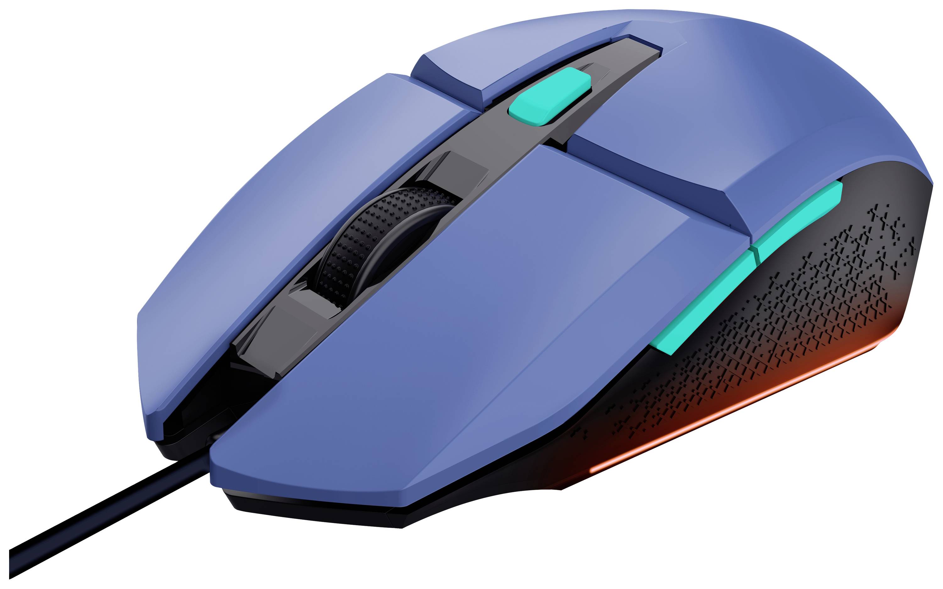 Eine blaue, kabelgebundene Gaming-Maus mit ergonomischem Design und leuchtenden RGB-Elementen an der Seite.
