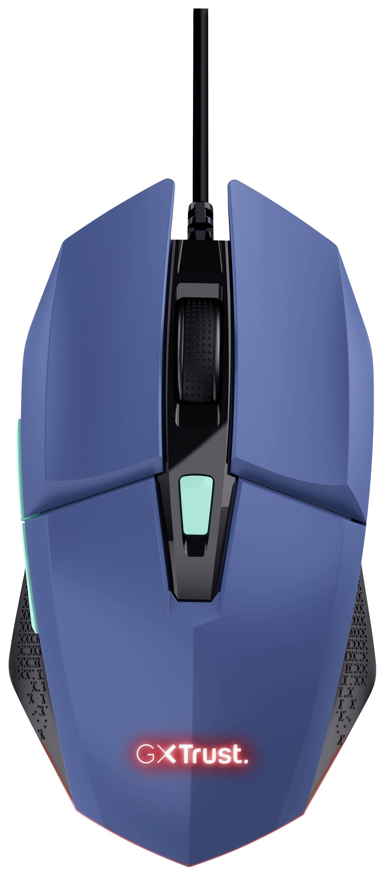 Blauer kabelgebundener Gaming-Maus mit beleuchtetem Mausrad und Logo. Ergonomisches Design für präzise Steuerung bei Computerspielen.