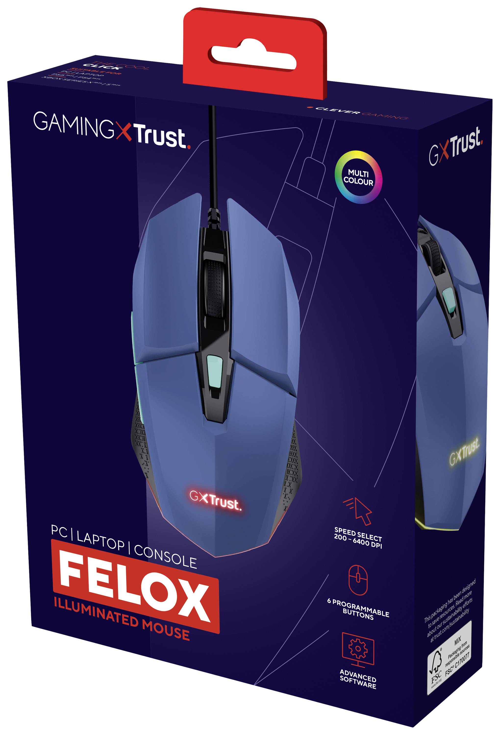 'Gaming-Maus GX Trust Felox' in blauer Verpackung. Enthält Funktionen wie Mehrfarbenbeleuchtung, sechs programmierbare Tasten, geeignet für PC, Laptop und Konsole.