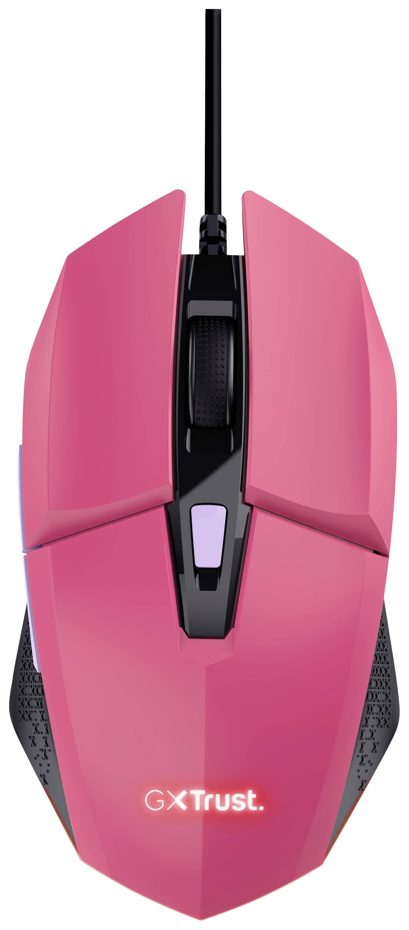 Rosafarbene Gaming-Maus mit schwarzem Scrollrad und Kabel. Das Logo 'GXT Rezz' leuchtet in Weiß auf der Vorderseite.