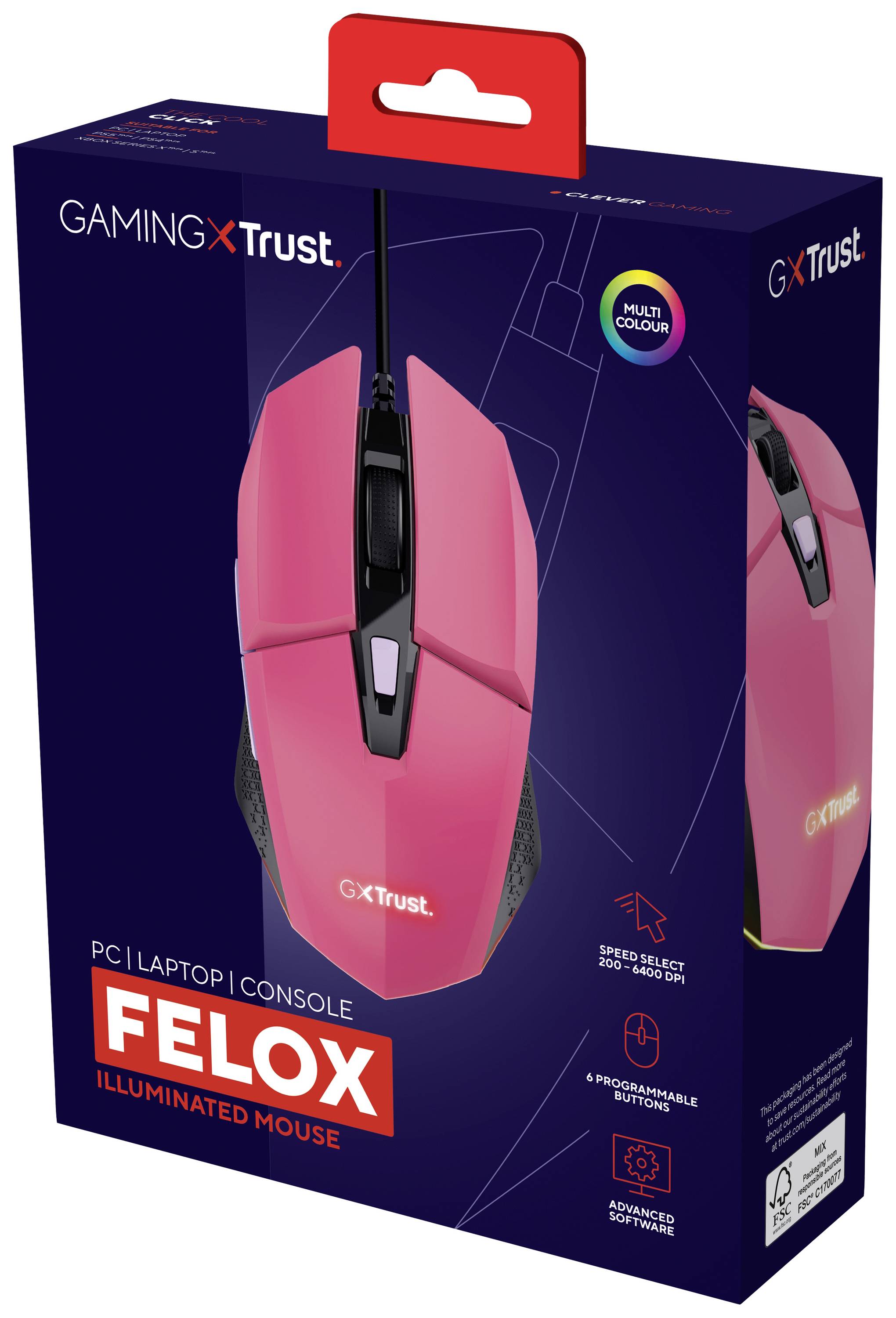 Gaming-Maus Felox von Trust in leuchtendem Pink mit RGB-Beleuchtung. Geeignet für PC, Laptop und Konsole, sechs programmierbare Tasten.