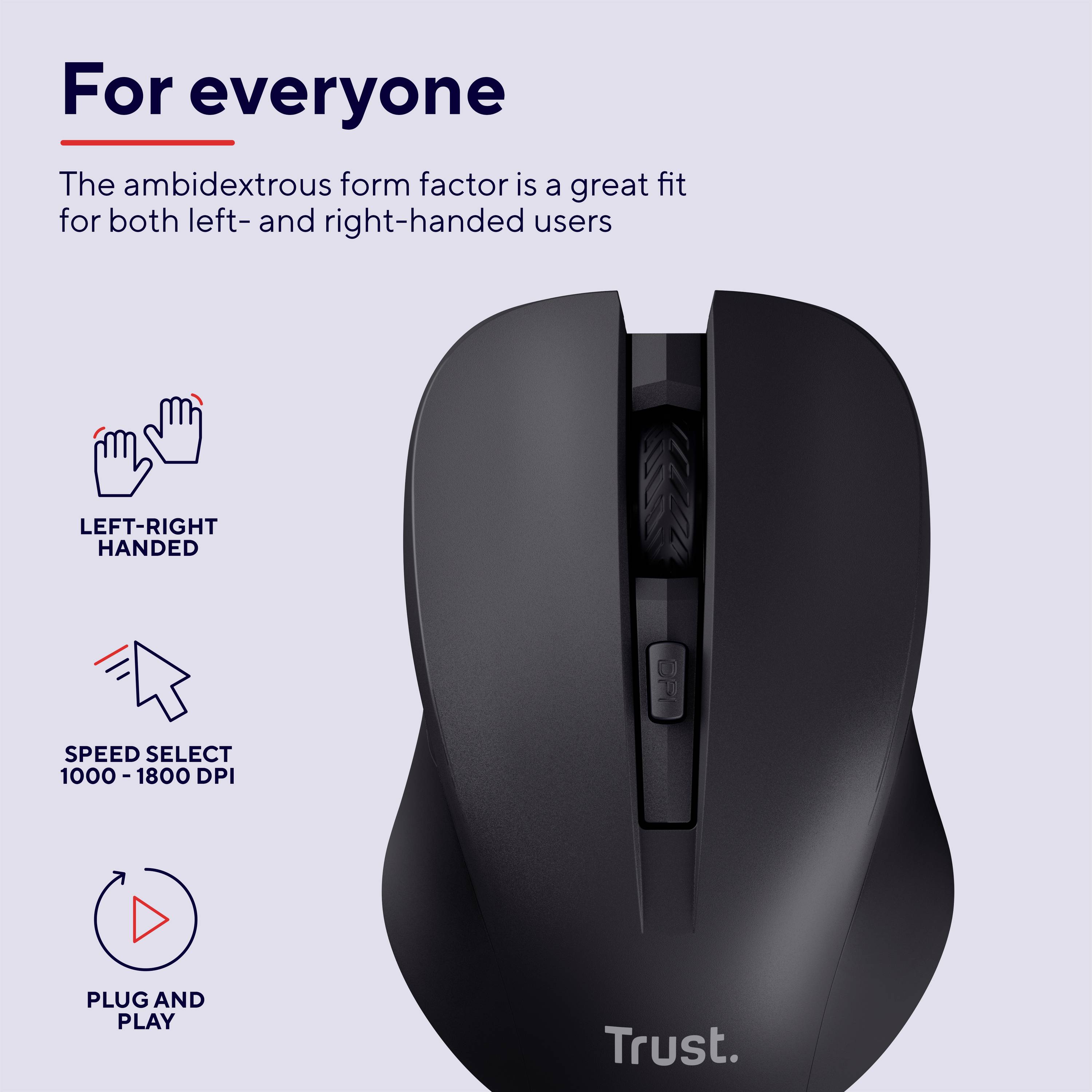 Draufsicht auf eine schwarze Maus, geeignet für Rechts- und Linkshänder. DPI-Wahl von 800-1600. Plug-and-Play-Funktion.