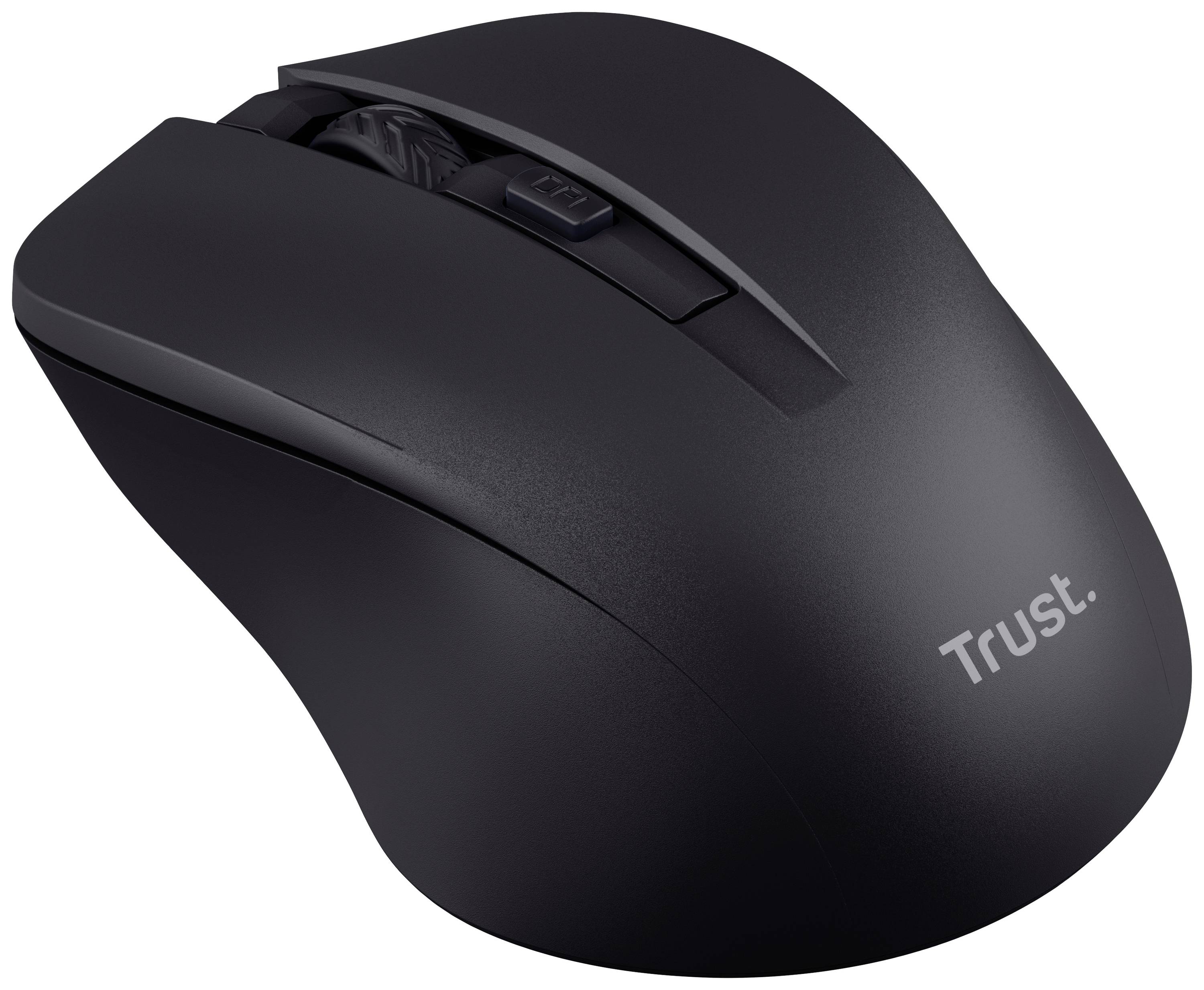 Kabellose schwarze Computermaus mit ergonomischem Design, seitlichem Scrollrad und dem Logo 'Trust'.