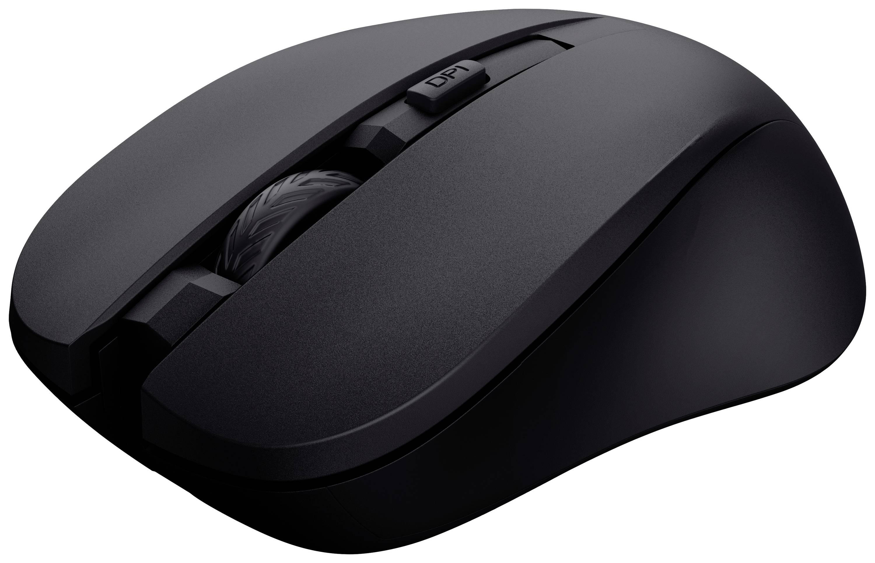 Schwarze drahtlose Computermaus mit scrollbarem Rad und DPI-Schalter oben. Moderner, minimalistischer Stil.