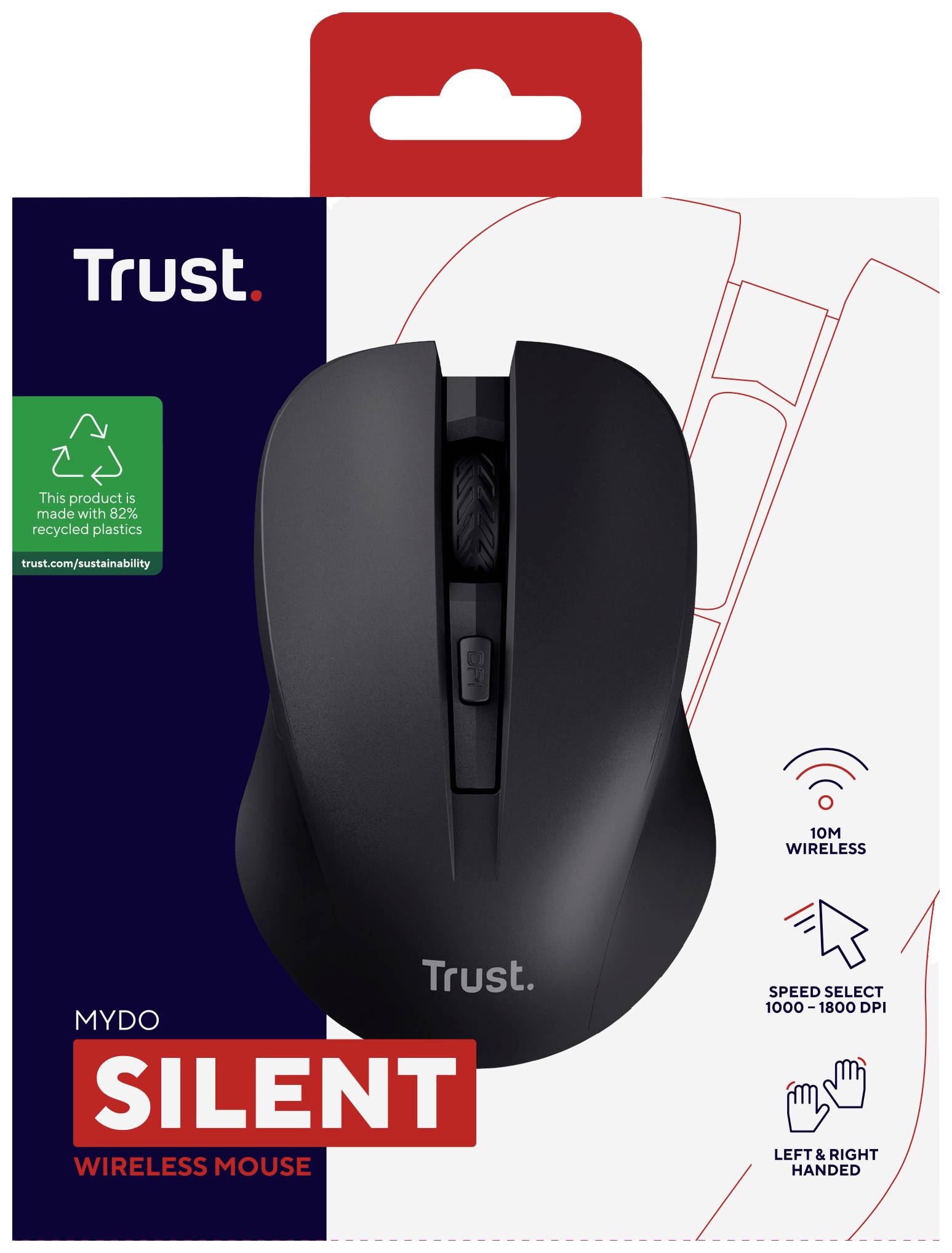 Kabellose Trust-Maus in Schwarz, verpackt in roter und weißer Box, geeignet für Links- und Rechtshänder, einstellbare Geschwindigkeit.