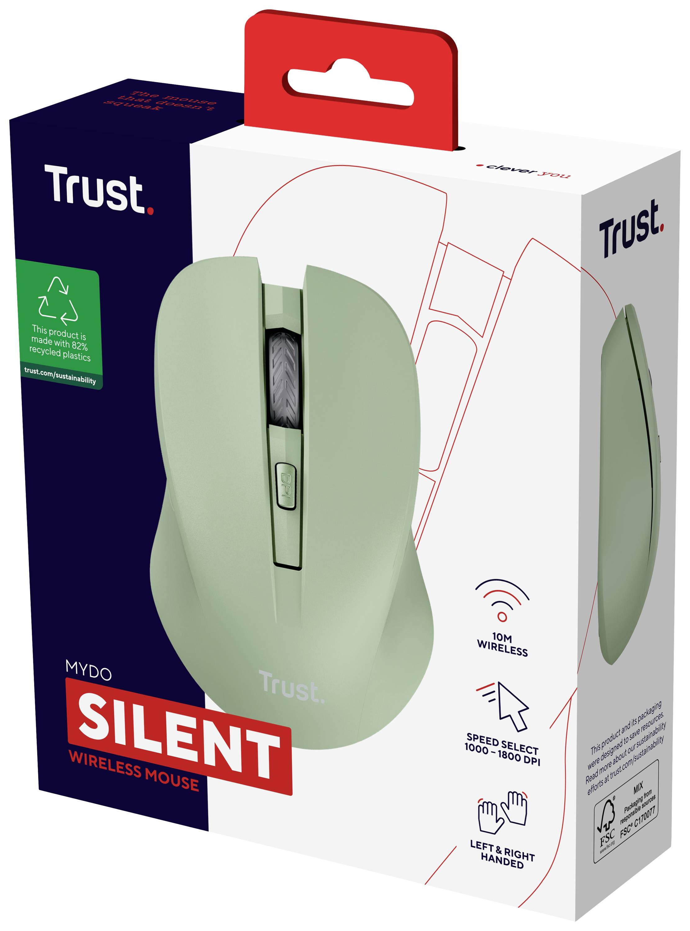 Eine kabellose, grüne Maus von Trust in einer Verpackung. Produktname: 
