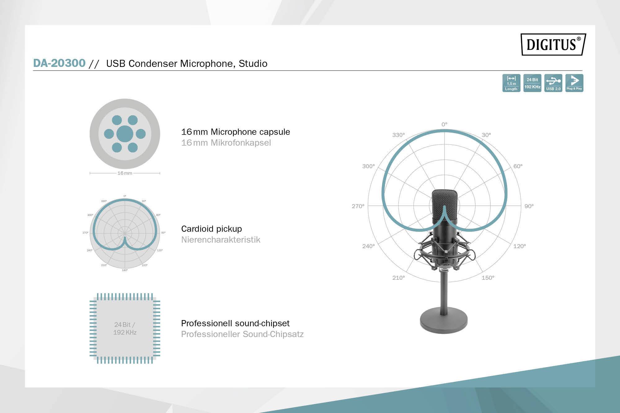 Digitus DA-20300 Stand Sprach-Mikrofon Übertragungsart (Details):Kabelgebunden, USB inkl Spinne, inkl. Kabel, inkl. Stativ, Standfuß USB, USB-A, USB