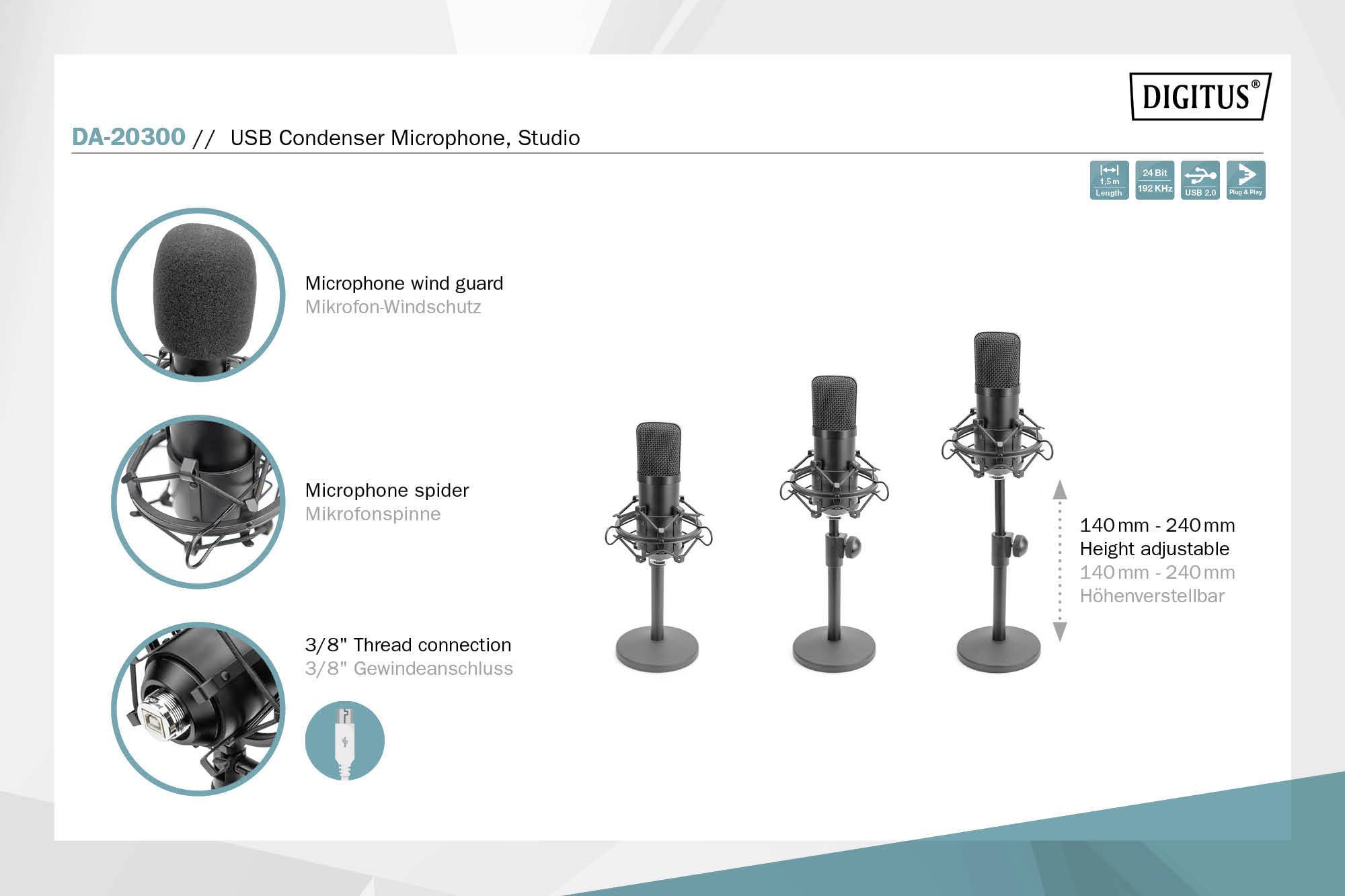 Digitus DA-20300 Stand Sprach-Mikrofon Übertragungsart (Details):Kabelgebunden, USB inkl Spinne, inkl. Kabel, inkl. Stativ, Standfuß USB, USB-A, USB