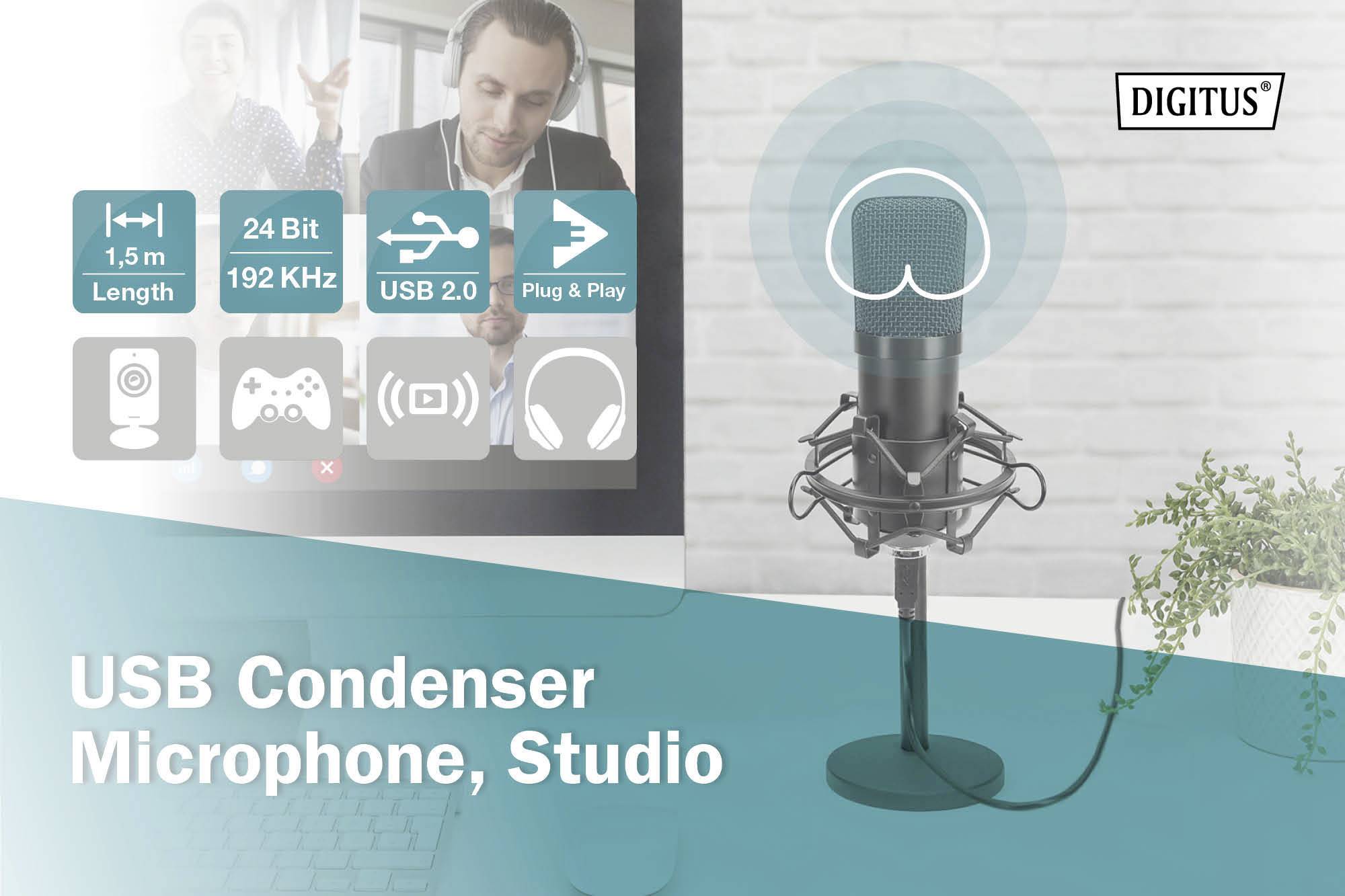 Digitus DA-20300 Stand Sprach-Mikrofon Übertragungsart (Details):Kabelgebunden, USB inkl Spinne, inkl. Kabel, inkl. Stativ, Standfuß USB, USB-A, USB