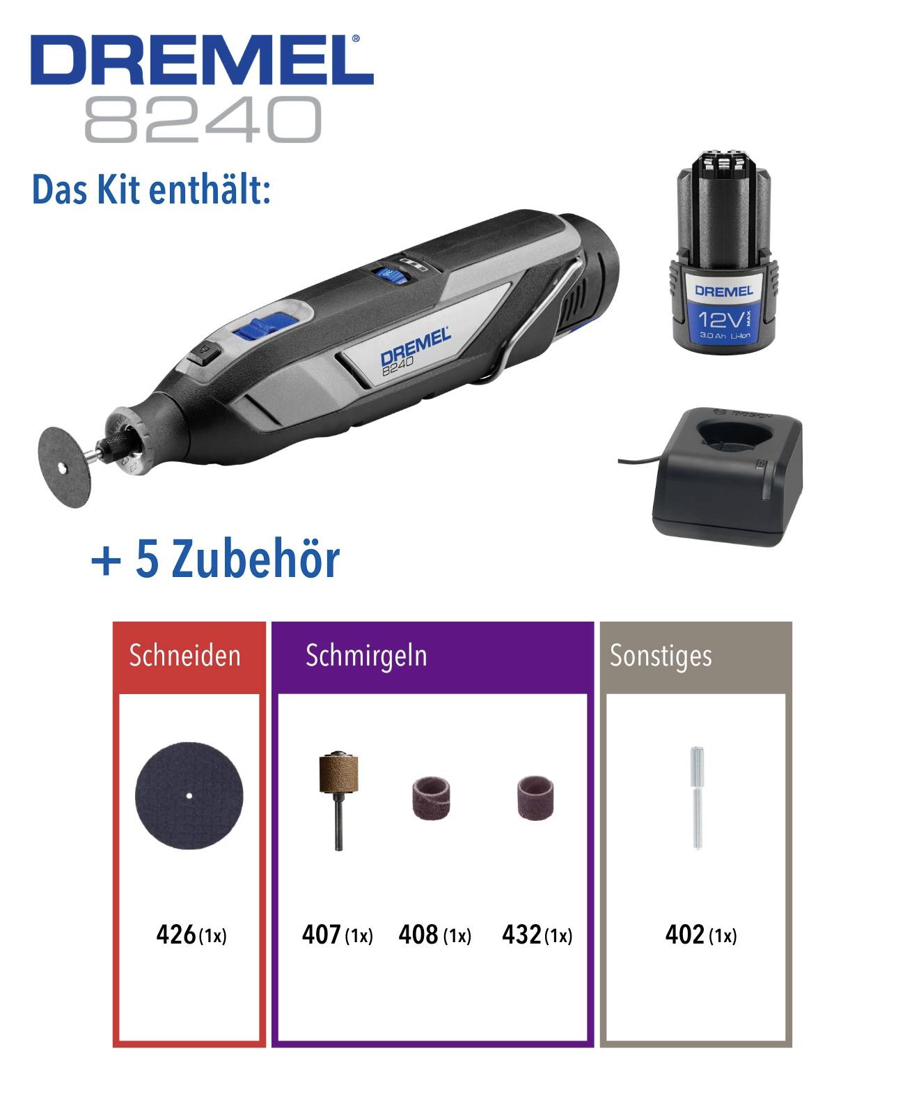 Dremel 8240 Set enthält Werkzeug mit 5 Zubehörteilen: Schneiden, Schleifen, Sonstiges. Enthält Akku und Ladegerät.
