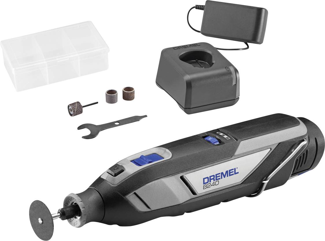 Dremel kabelloses Rotationswerkzeug-Set mit Ladegerät, Transporttasche, Trennscheibe, Schleifbänder und Schraubenschlüssel auf weißem Hintergrund.