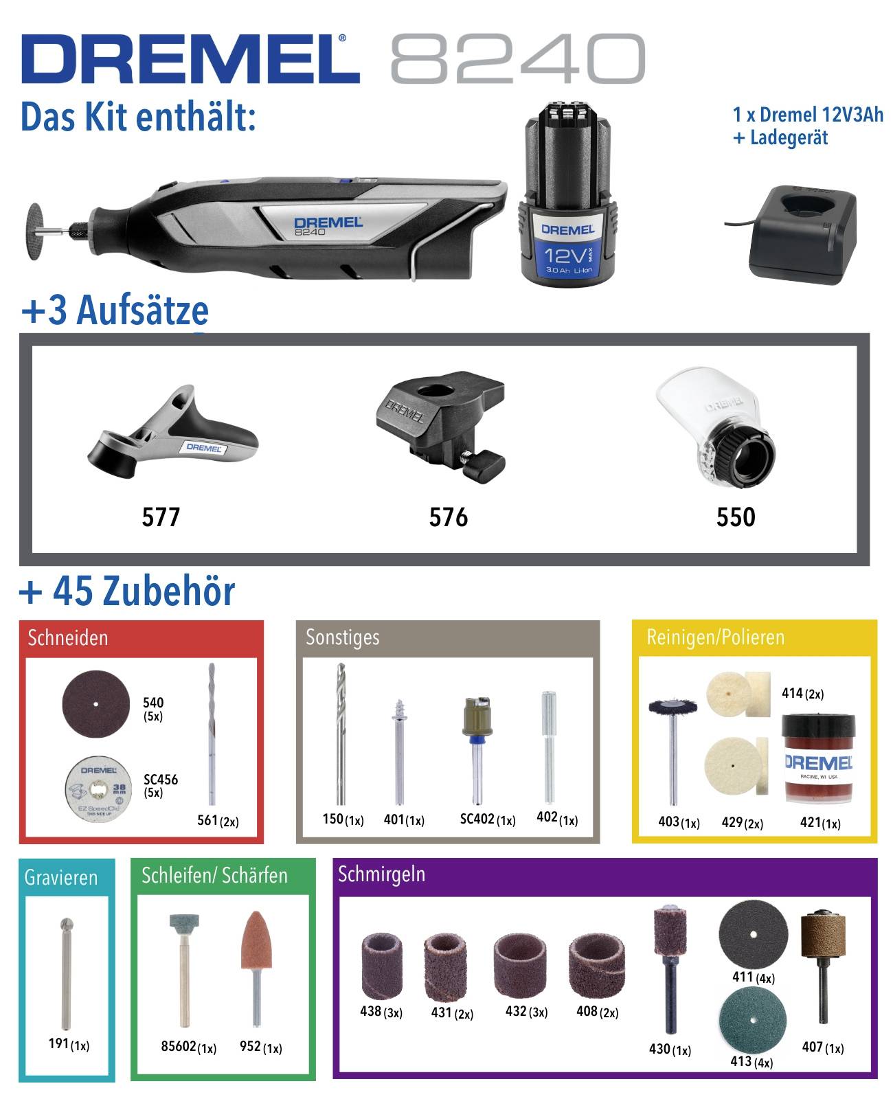 Dremel 8240 Set: Enthält ein Dremel 12V3Ah, Ladegerät, 3 Aufsätze (577, 576, 550) und 45 Zubehörteile zum Schneiden, Polieren und mehr.