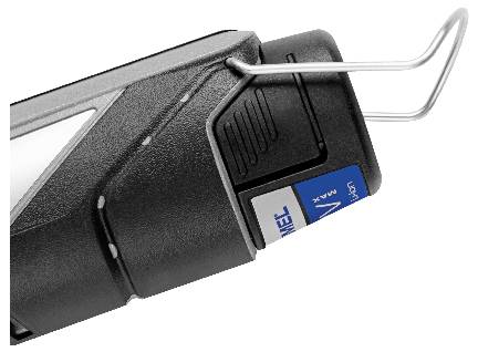 Elektrisches Gerät mit Metallhaken und blauer Labelansicht seitlich. Enthaltene Kontrollmarken und Knöpfe betonen Funktionalität.