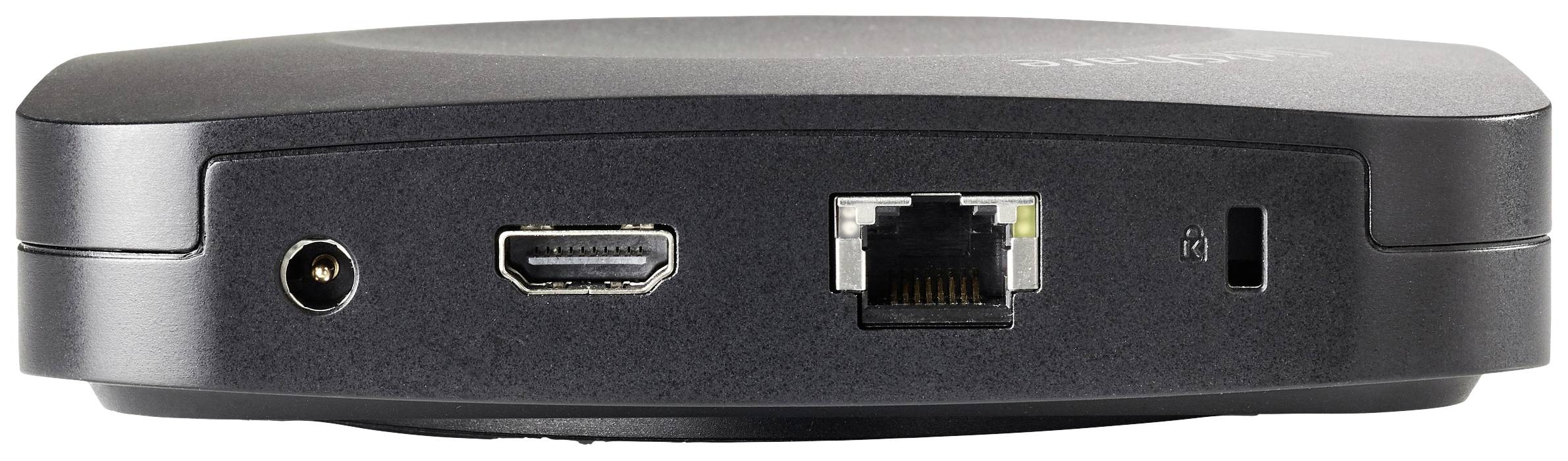 Das Bild zeigt die Rückseite eines elektronischen Geräts mit Anschlüssen: HDMI, Ethernet und Stromversorgung.