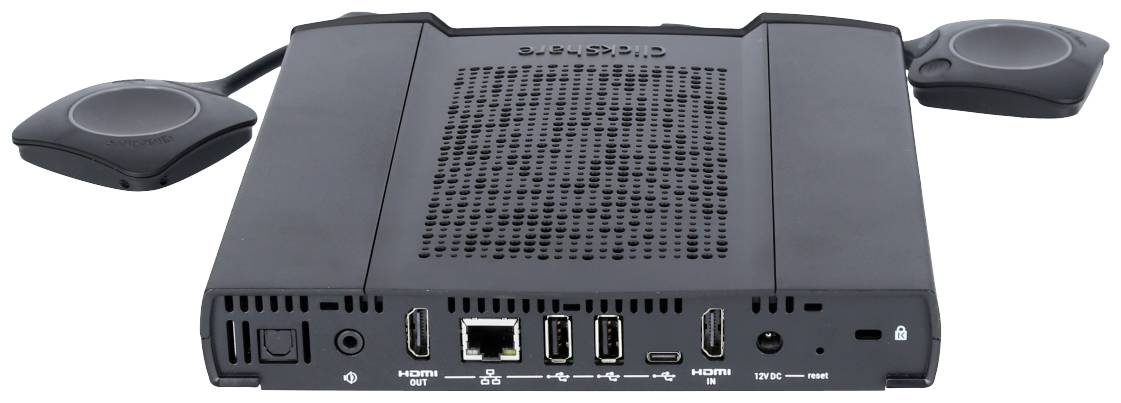 Ein Gerät mit Anschlüssen für HDMI, Ethernet und USB, dargestellt von hinten. Es scheint für Konferenz- oder Präsentationszwecke gedacht.