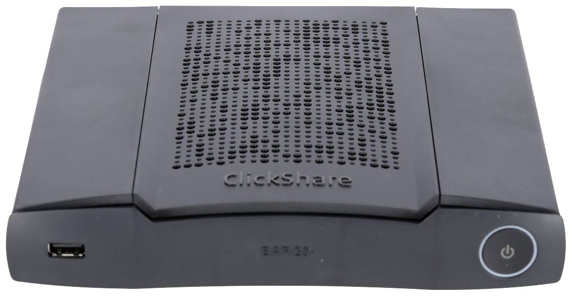Ein schwarzes ClickShare-Gerät mit Lüftungsschlitzen und Netzschalter auf der Vorderseite. Links befindet sich ein USB-Anschluss.