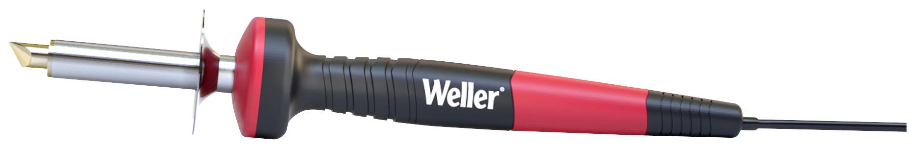 Lötkolben mit rotem Griff und schwarzem Mittelteil, Markenname 'Weller' darauf gedruckt. Verbindungskabel am hinteren Ende.