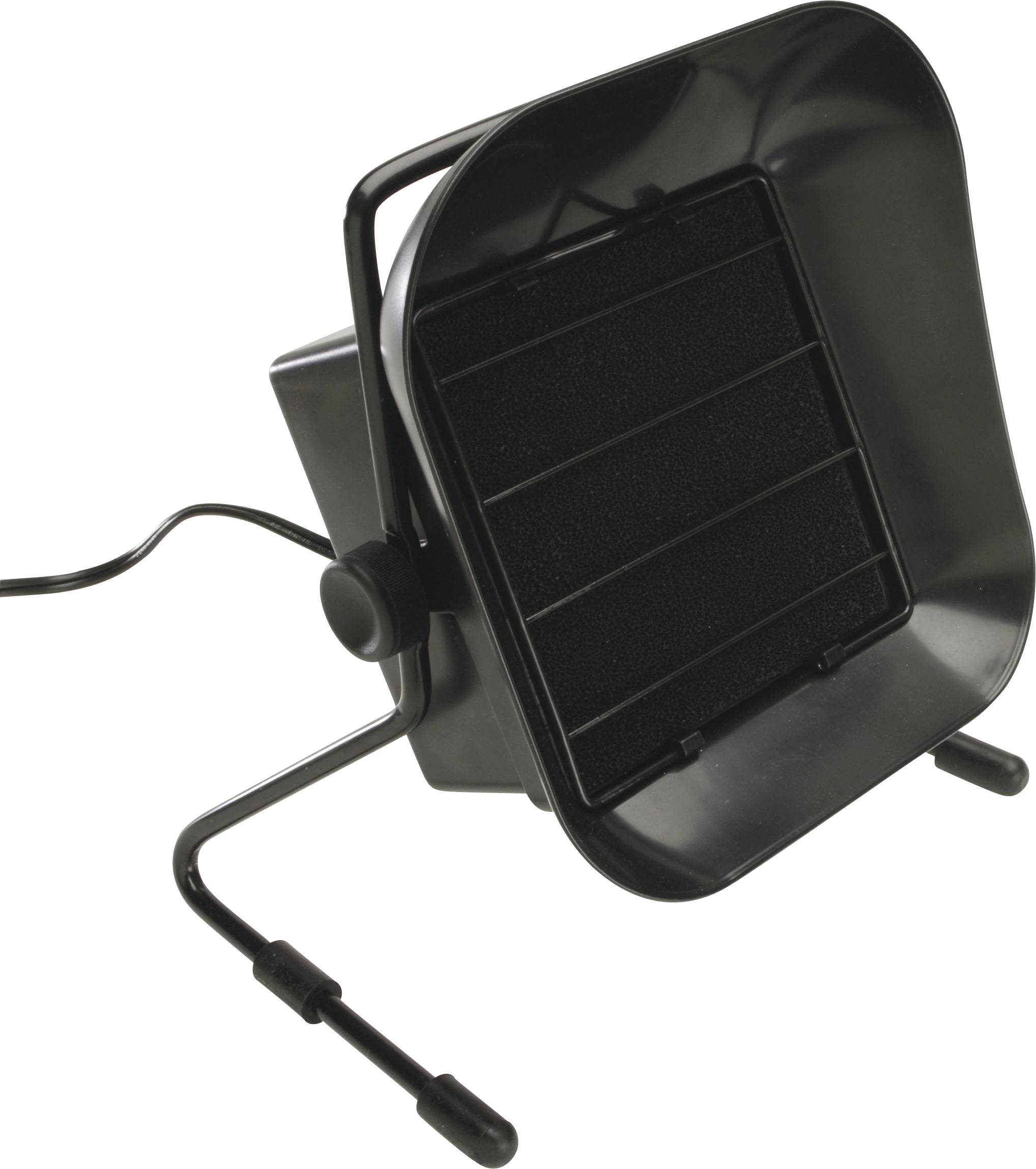 Ein schwarzer Tischventilator mit Lamellengitter vorn, nach oben geneigt und gestützt durch einen Drahtständer mit stabilisierenden Füßen.