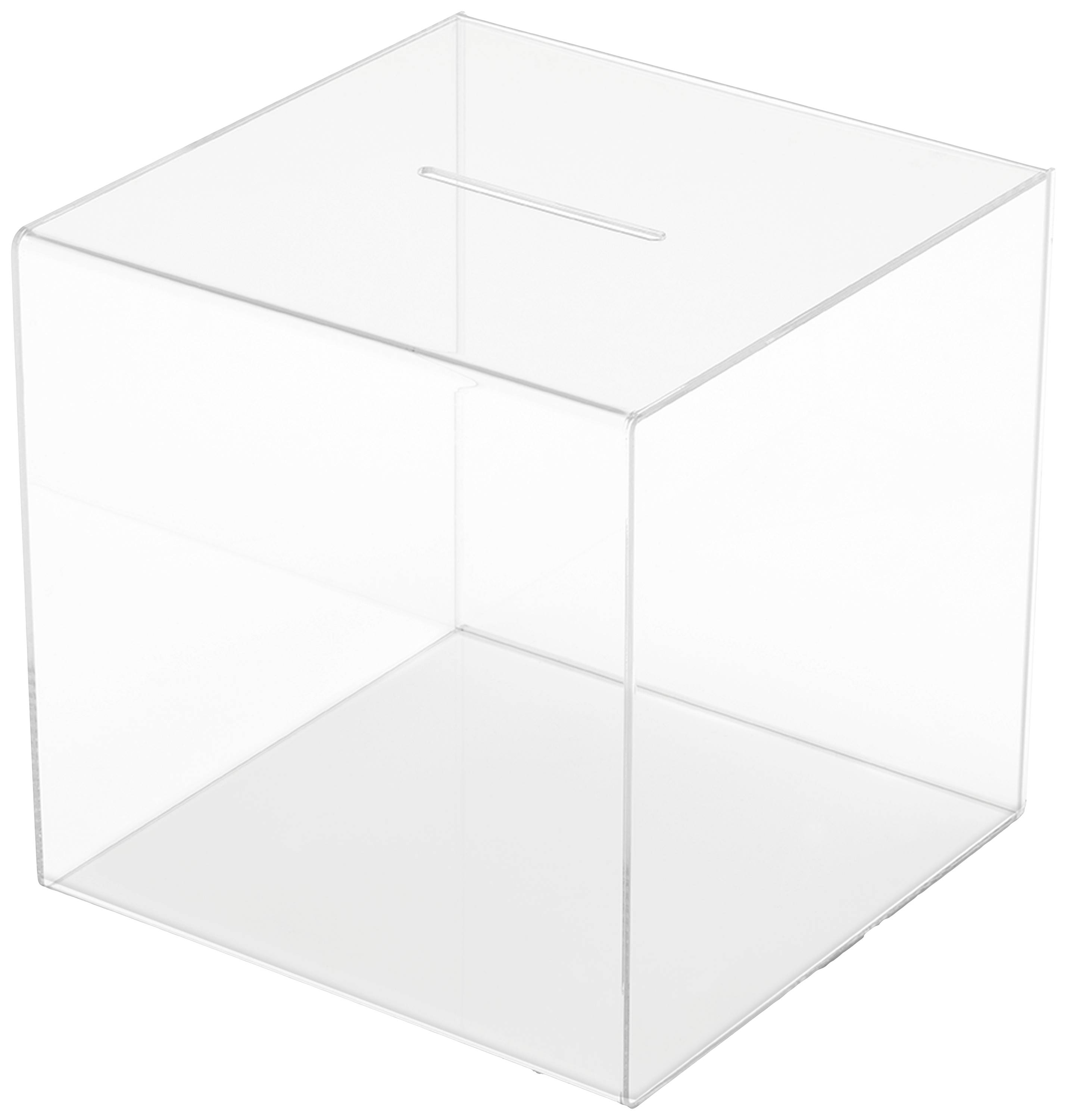 Transparente Losbox aus Acryl mit einem Schlitz an der Oberseite zur Abgabe von Stimmzetteln oder Spenden.