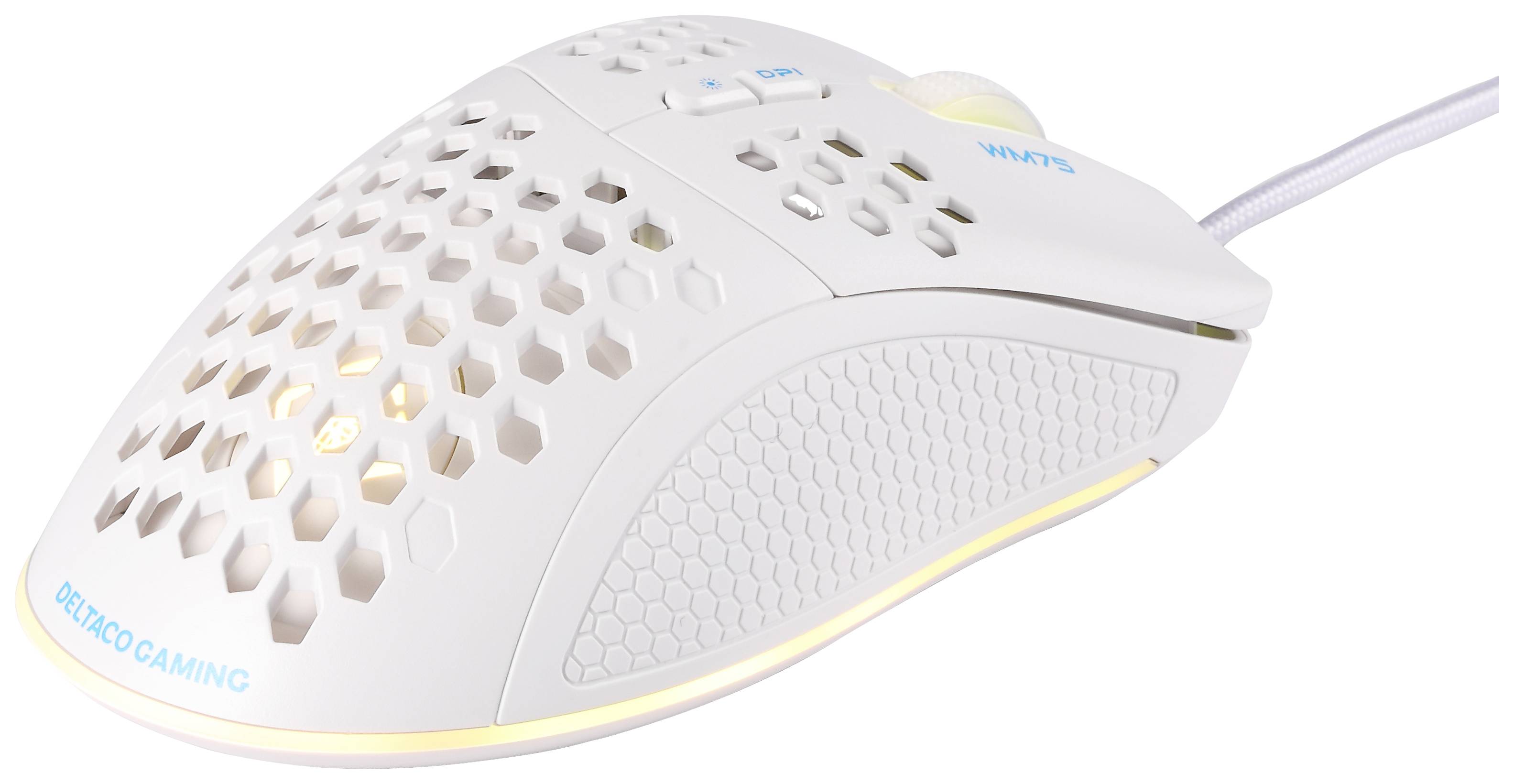 DELTACO GAMING WM75 Gaming-Maus USB Optisch Weiß 7 Tasten 6400 dpi Beleuchtet, Integriertes Scrollrad