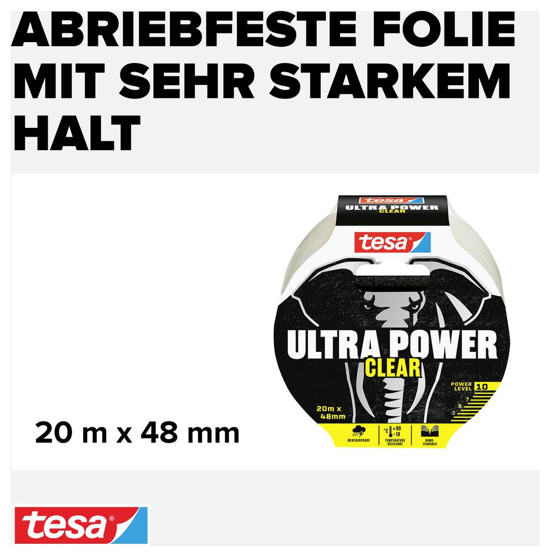 Das Bild zeigt eine Rolle Tesa Ultra Power Clear Klebeband mit der Aufschrift 'Abriebfeste Folie mit sehr starkem Halt', Größe 20 m x 48 mm.