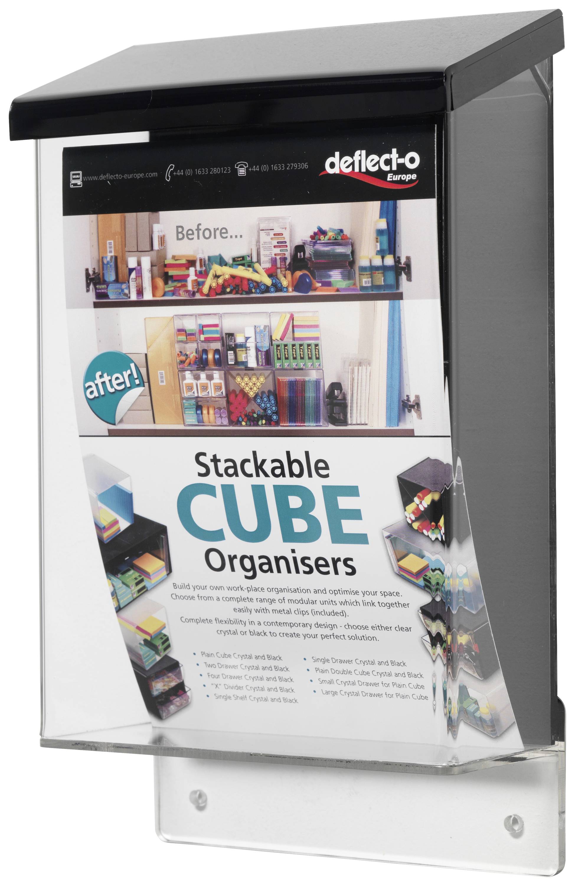 Kartonschachtel mit Abbildung von 'Stackable CUBE Organisers'. Zeigt Vorher-Nachher-Bilder von organisiertem Bürobedarf.