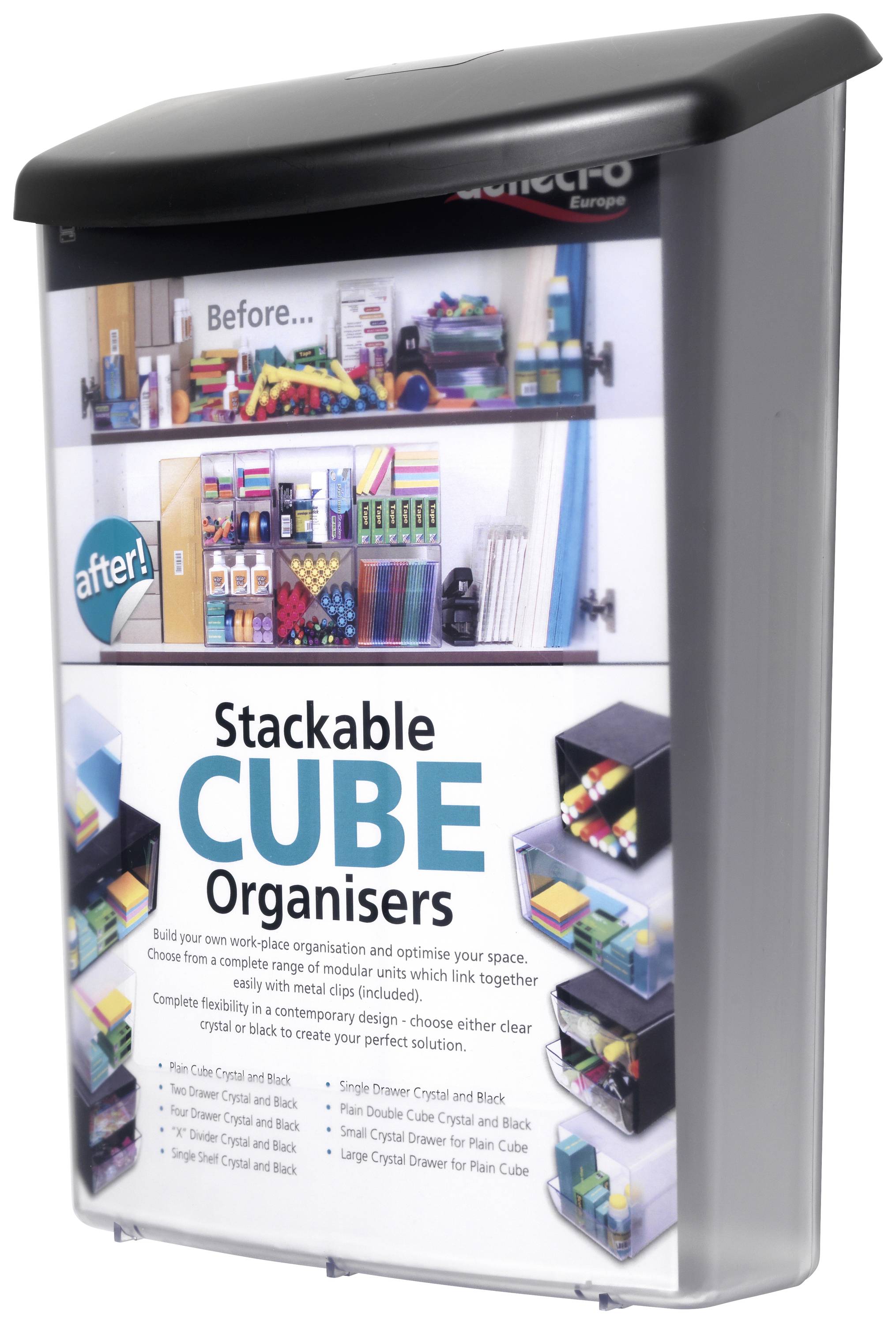 'Stackable Cube Organisers', eine Verpackung mit Bildern von Regalen und Aufbewahrungssystemen, um den Arbeitsbereich zu organisieren.