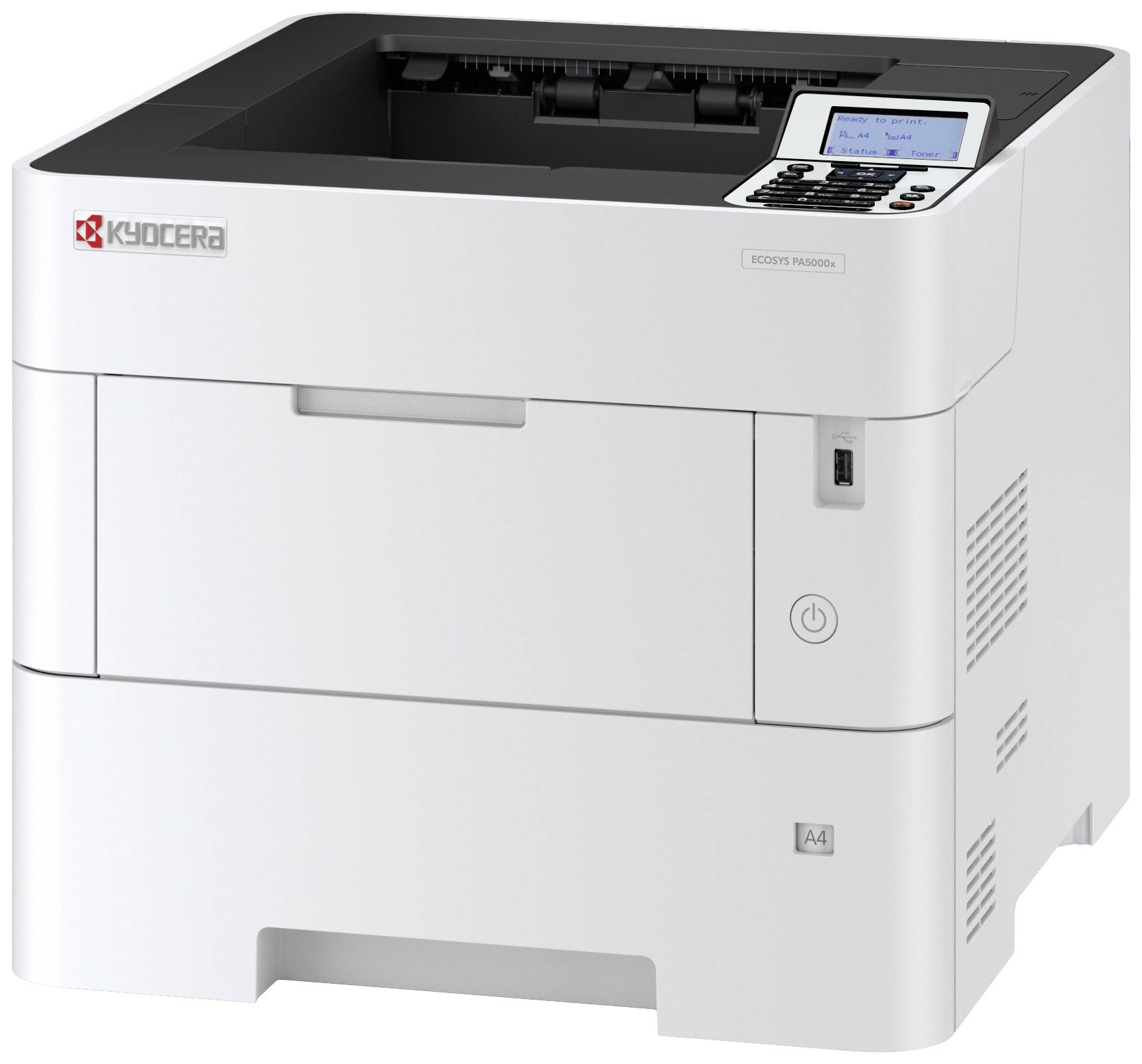 Ein weißer Laserdrucker mit einem Bedienfeld und einem Einschaltknopf an der Vorderseite. Markierung: 'Kyocera ECOSYS P2040dn'.