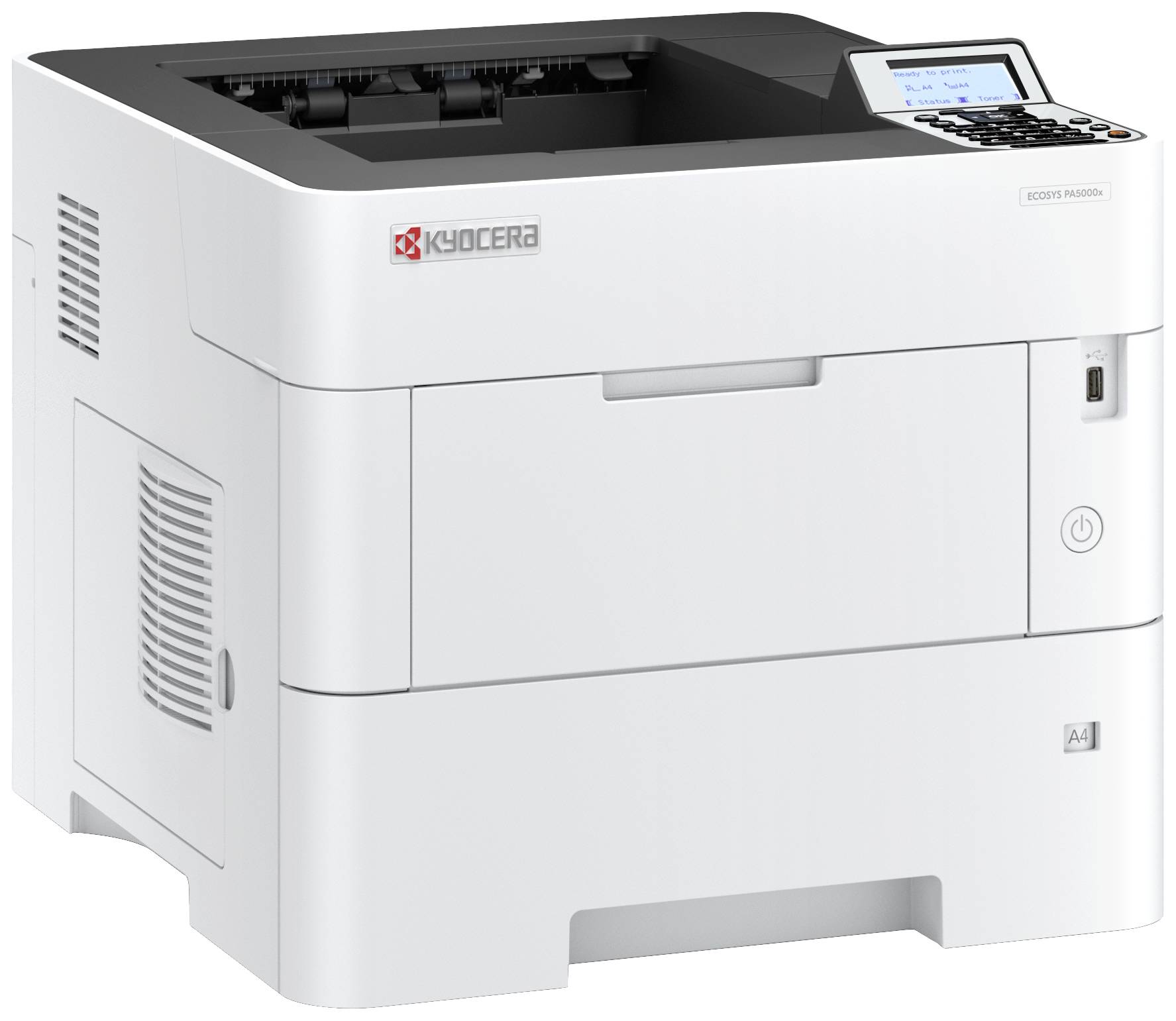 Ein weißer Kyocera-Drucker steht seitlich mit Display und Einschaltknopf sichtbar. Quadratisches Design mit Papierfach unten.