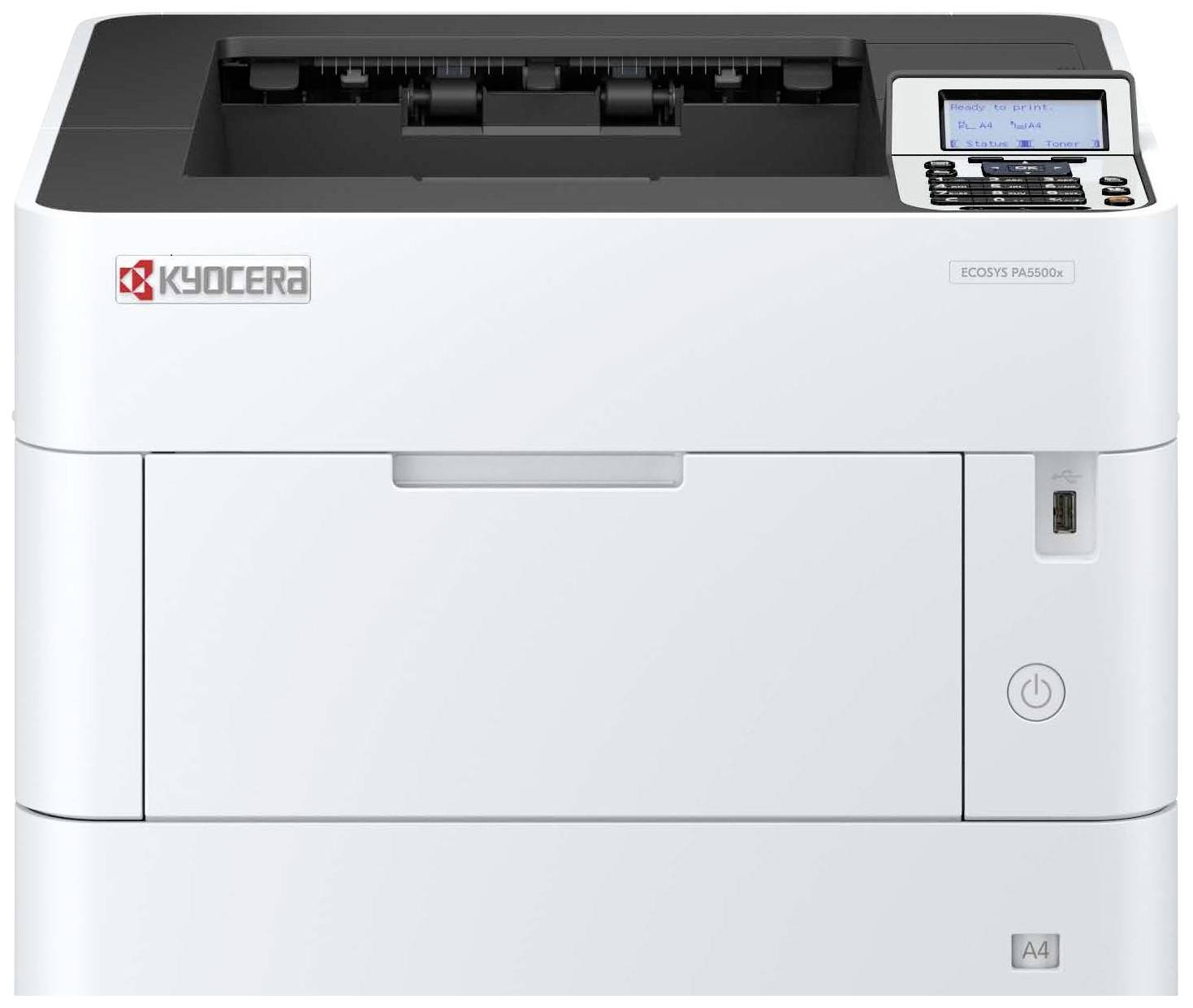 Ein weißer Kyocera-Drucker, Modell ECOSYS P2235DN, mit Bedienelementen und Display oben rechts. Ideal für Büroanwendungen.