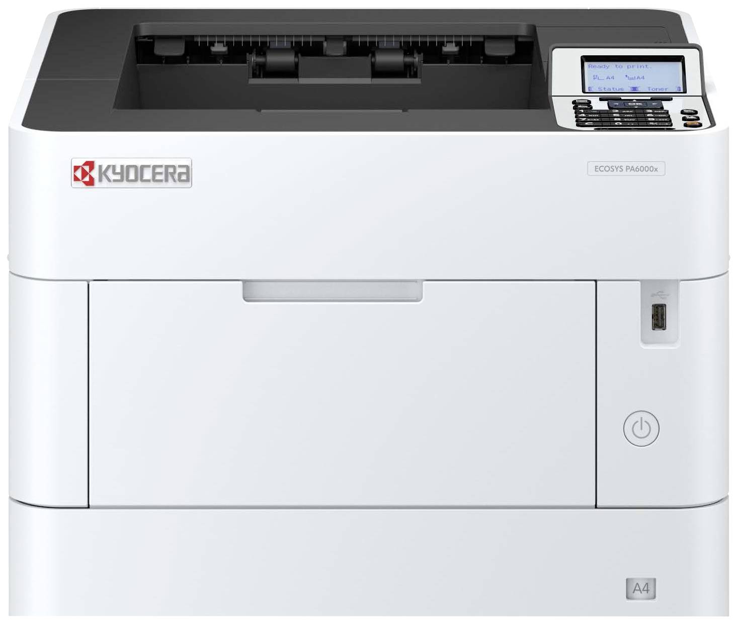 Ein weißer Drucker der Marke Kyocera, Modell ECOSYS P2040dn, mit Bedienfeld und USB-Anschluss auf der Vorderseite.