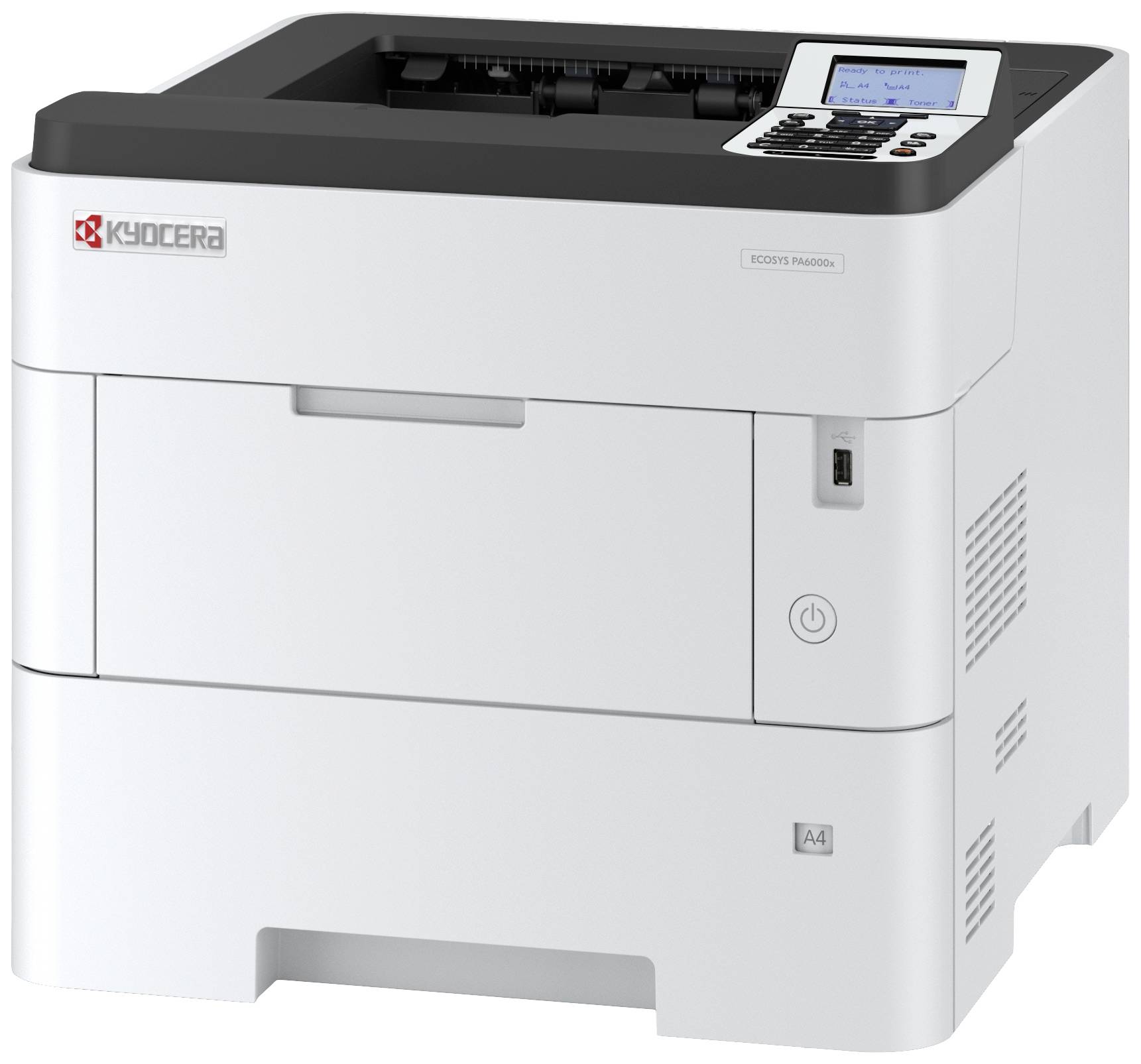 Ein weißer Drucker mit einem kleinen Display oben rechts und mehreren Funktionen. Markenlogo ist sichtbar.
