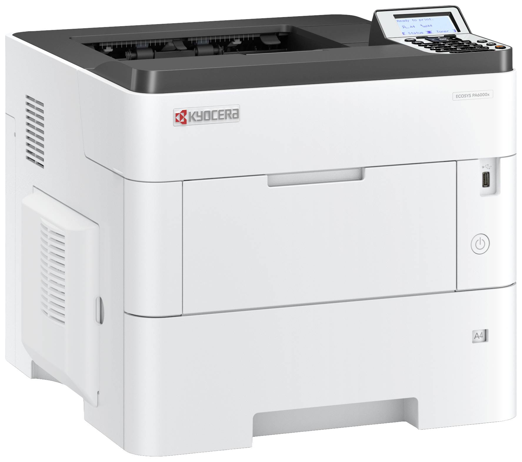 Ein weißer Kyocera-Drucker, Modell ECOSYS P4040dn, mit digitalem Display und Papierfach unten, geeignet für A4-Drucke.