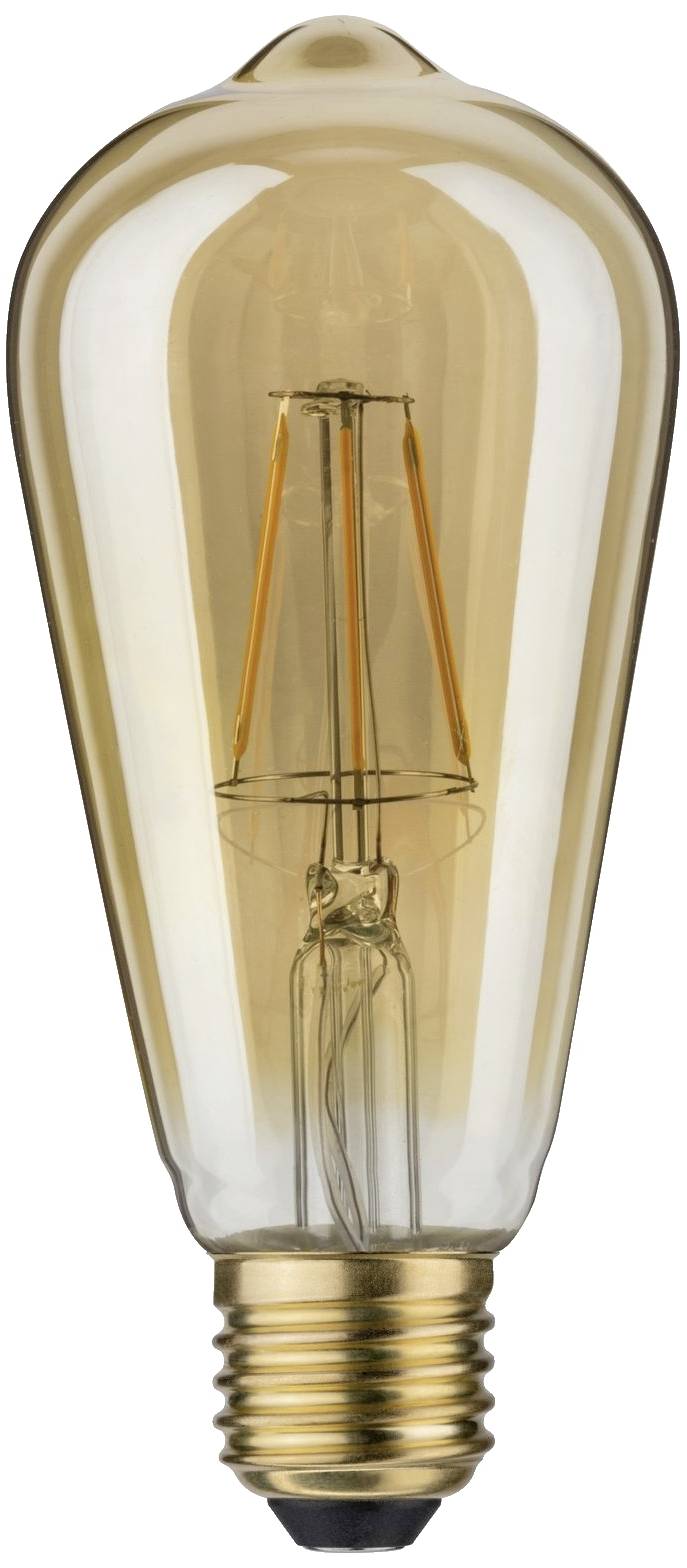Eine Vintage-Glühbirne mit sichtbarem Filament und goldbraunem Glas. Ideal für dekorative Beleuchtung im Retro-Stil.