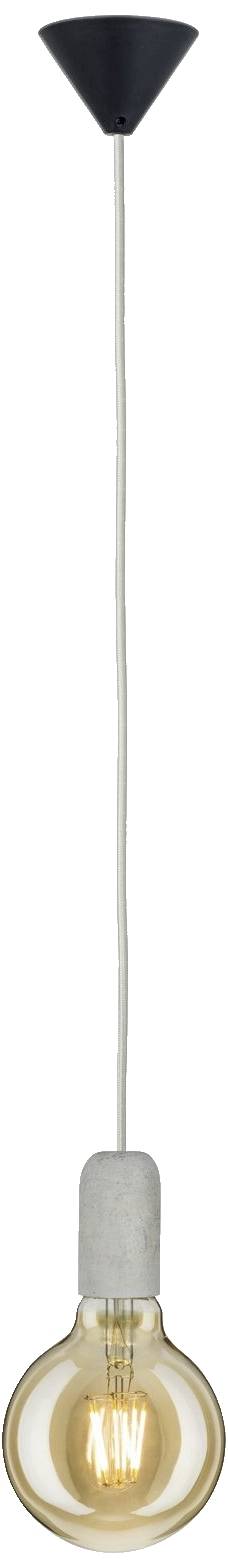 Hängende Glühbirne mit schwarzem Deckenhalter und sichtbarem Glühdraht. Sie erzeugt warmes Licht und hat ein minimalistisches Design.