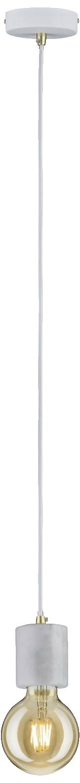 Hängelampe mit minimalistischem Design, sichtbare Glühbirne in einer grauen Fassung, langes weißes Kabel, moderner Stil.