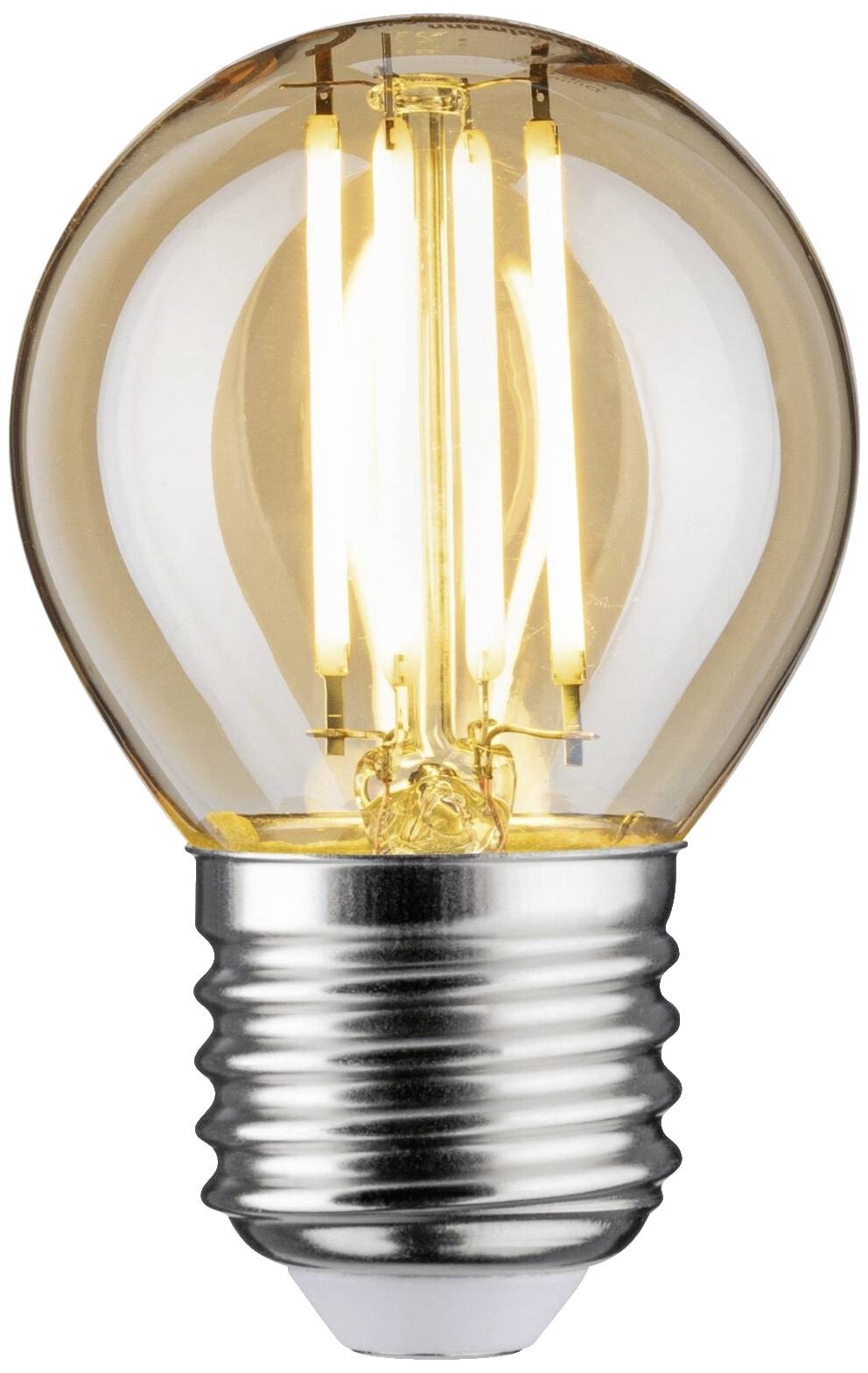 Glühbirne mit leuchtenden Filamenten und metallischer Fassung, strahlt warmes gelbes Licht aus.