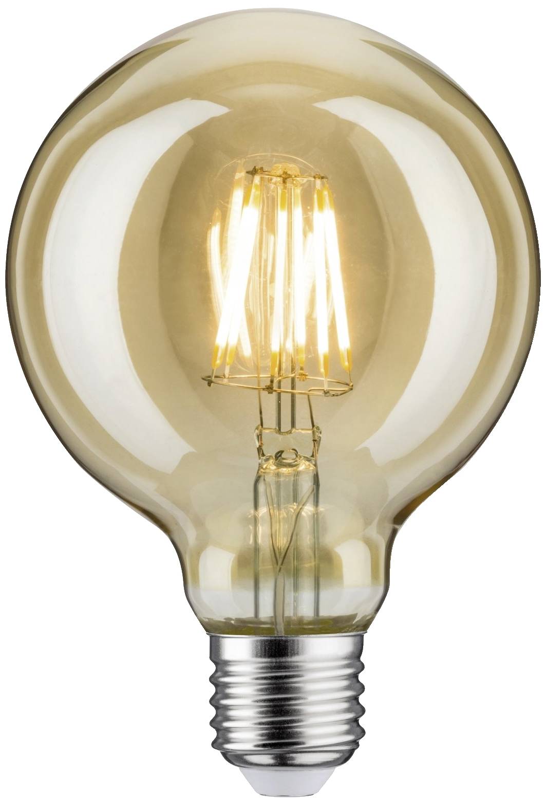 Eine beleuchtete Glühbirne mit runder Form, die warmes Licht ausstrahlt.