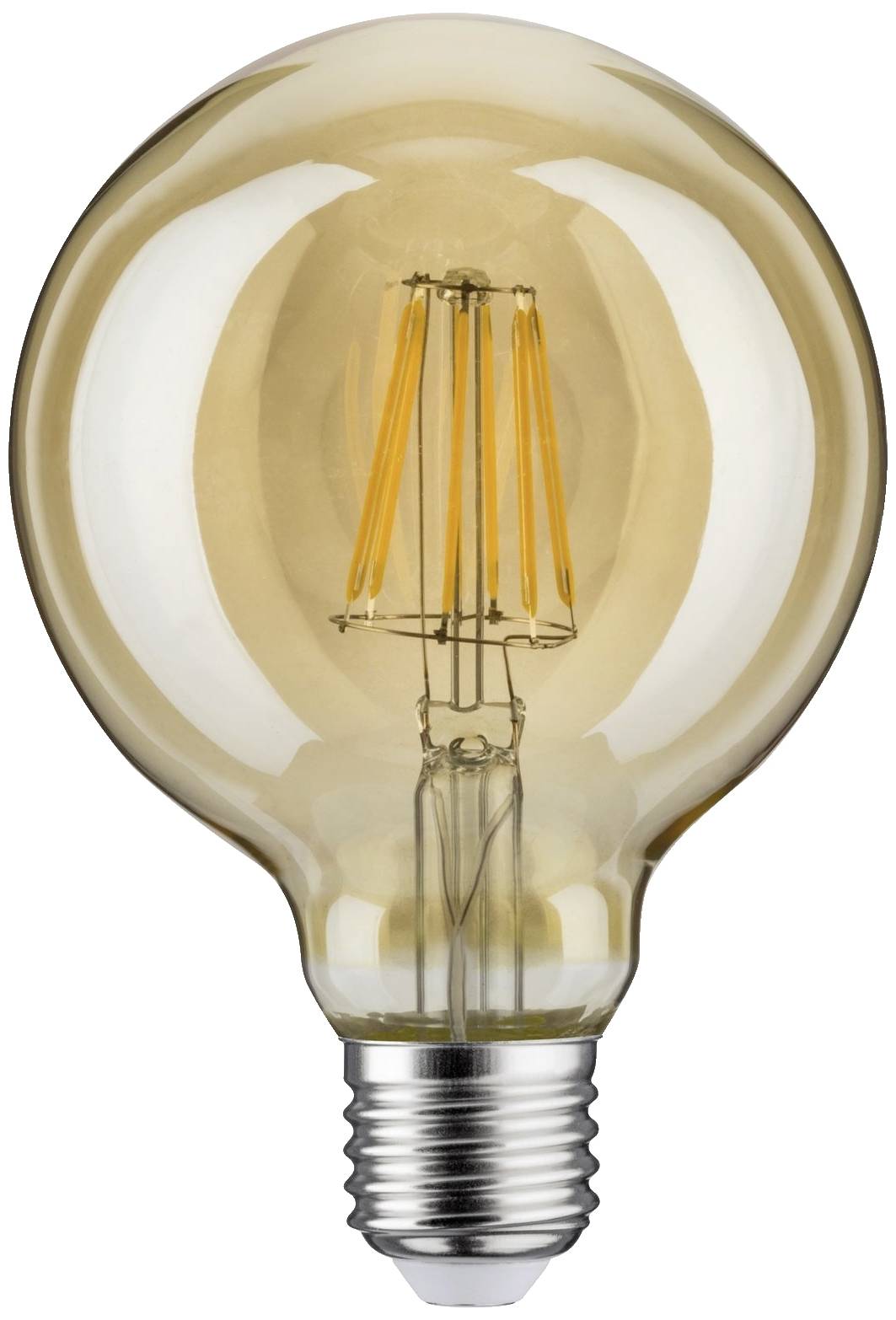 Eine Glühbirne mit sichtbarem Filament und Schraubsockel. Sie hat eine amberfarbene Tönung und einen runden Kolben.