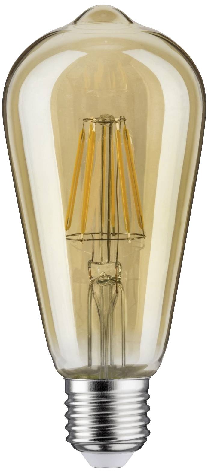 Eine klassische Glühbirne mit sichtbarem Filament in warmem Gelbton; geeignet für dekorative Beleuchtung und nostalgische Atmosphäre.