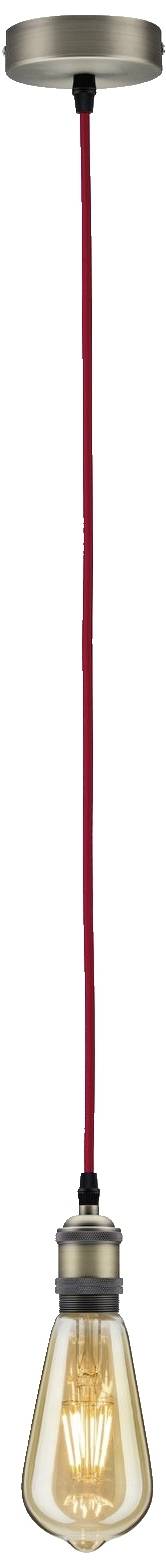 Hängelampe mit rotem Kabel und sichtbarer Glühbirne, nostalgisches Design.